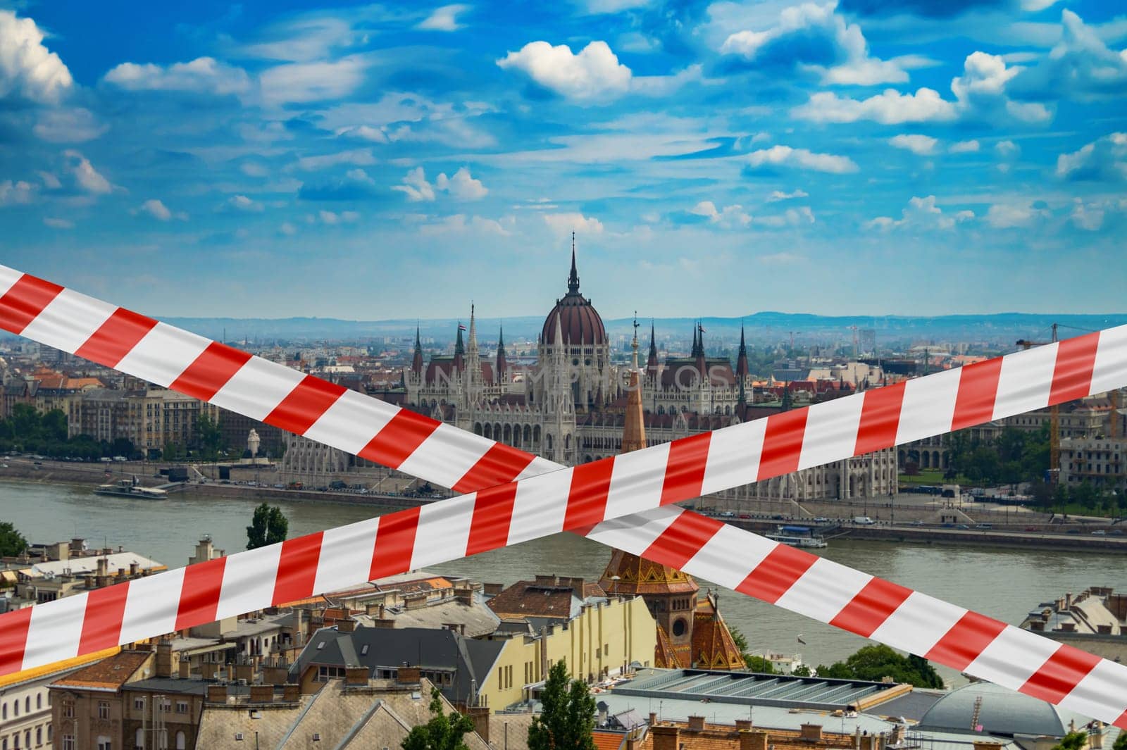 Protective tape on background Budapest in Hungary.