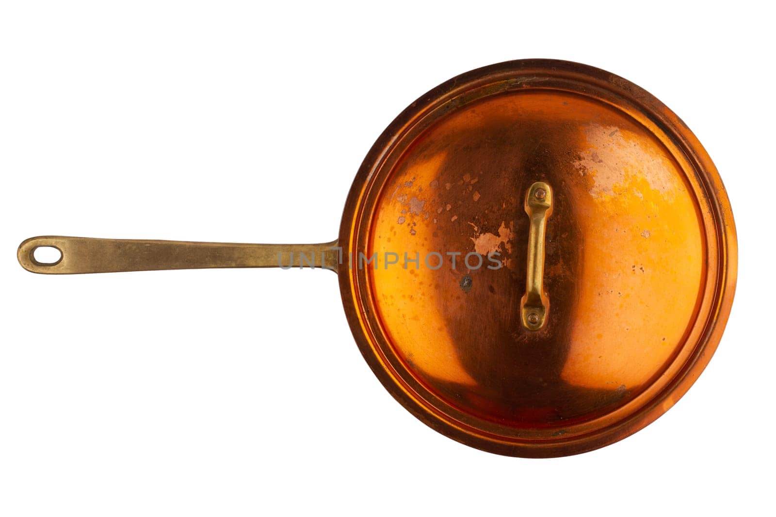 top view closeup of old cooking pan with copper lid and metallic handle isolated on white background