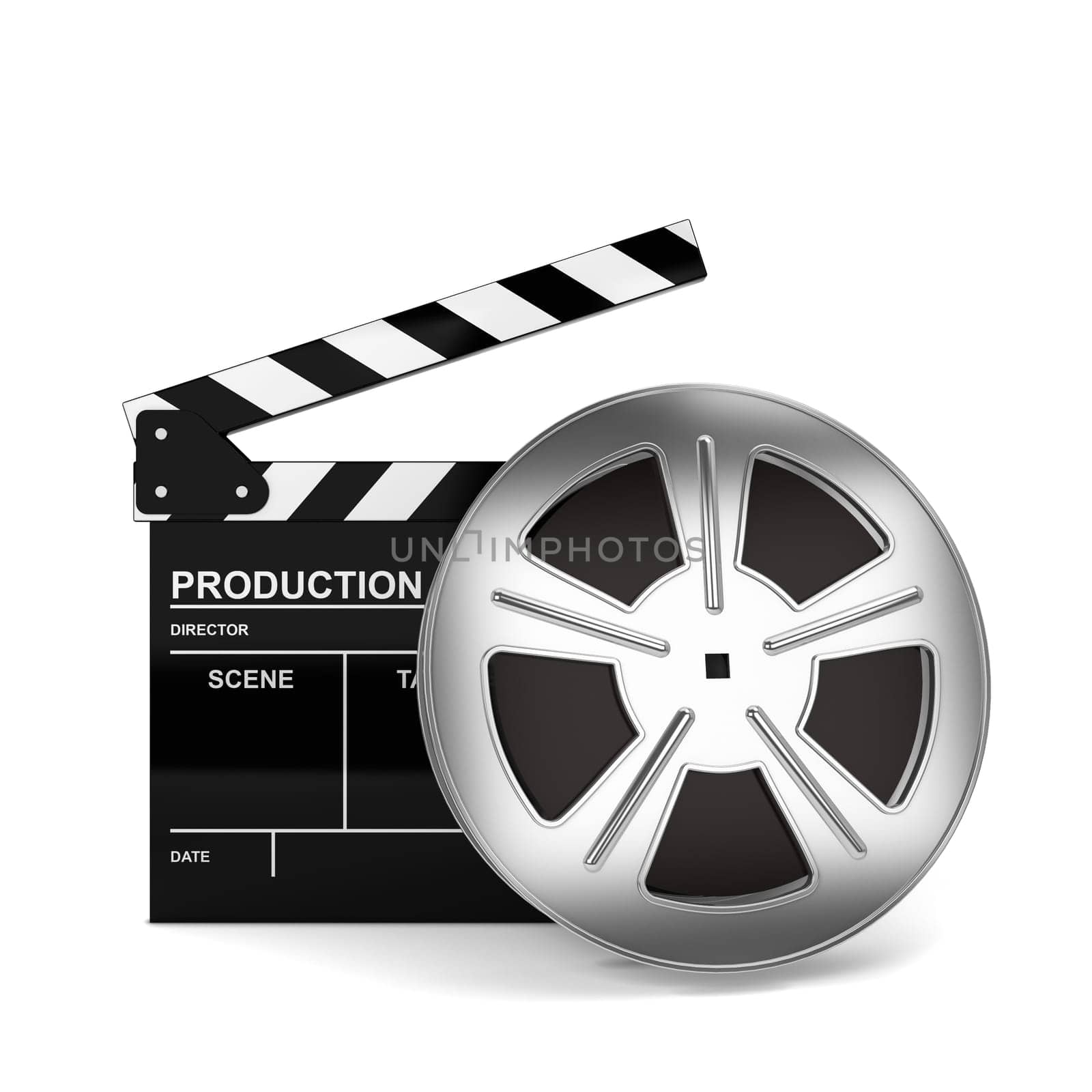 Cinema film and clap board. 3d illustration isolated on white background