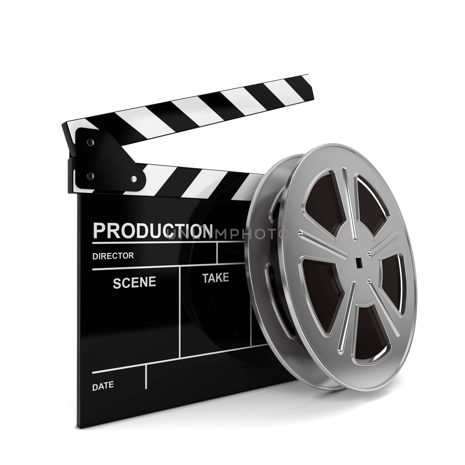 Cinema film and clap board. 3d illustration isolated on white background