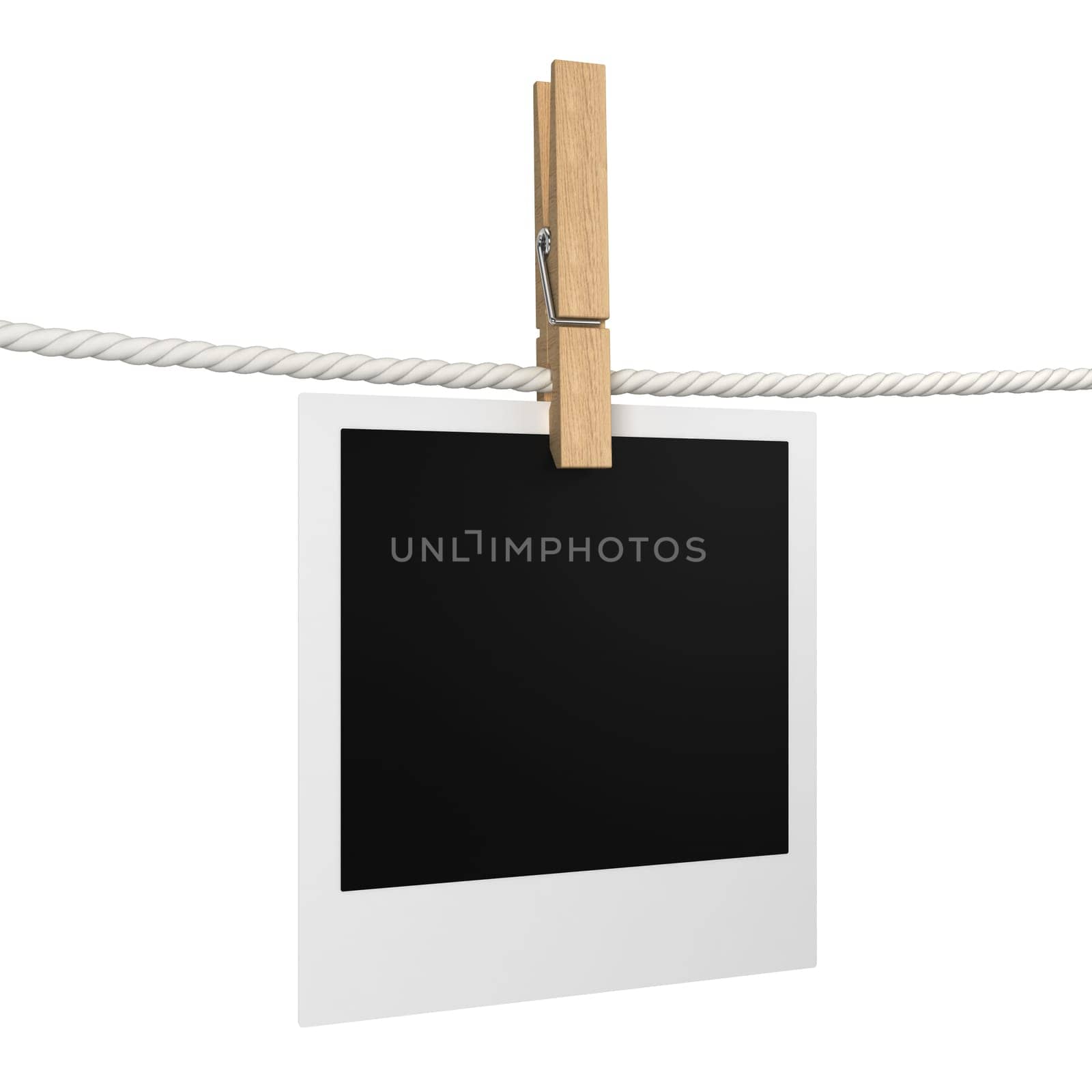 Photo hanging on a rope. 3d illustration isolated on white background