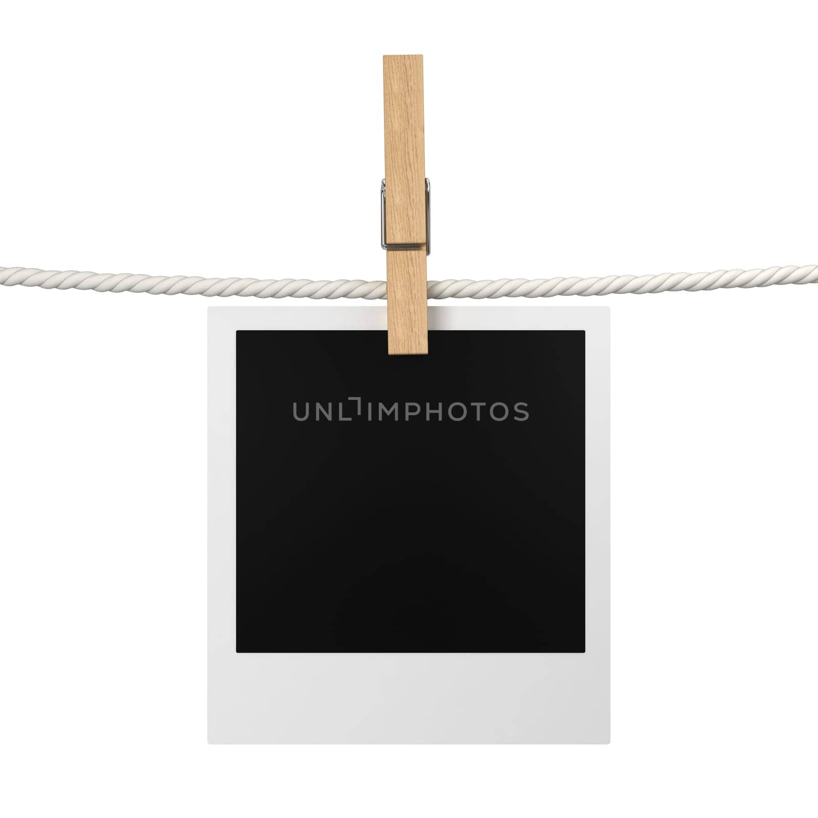 Photo hanging on a rope. 3d illustration isolated on white background