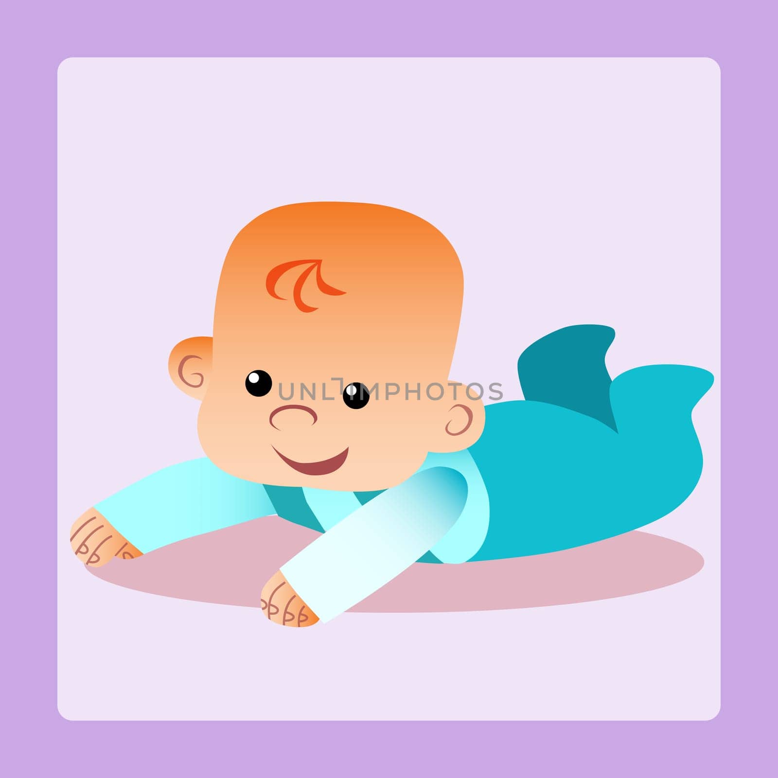 Happy baby is lying on his stomach trying to crawl. Childhood and motherhood