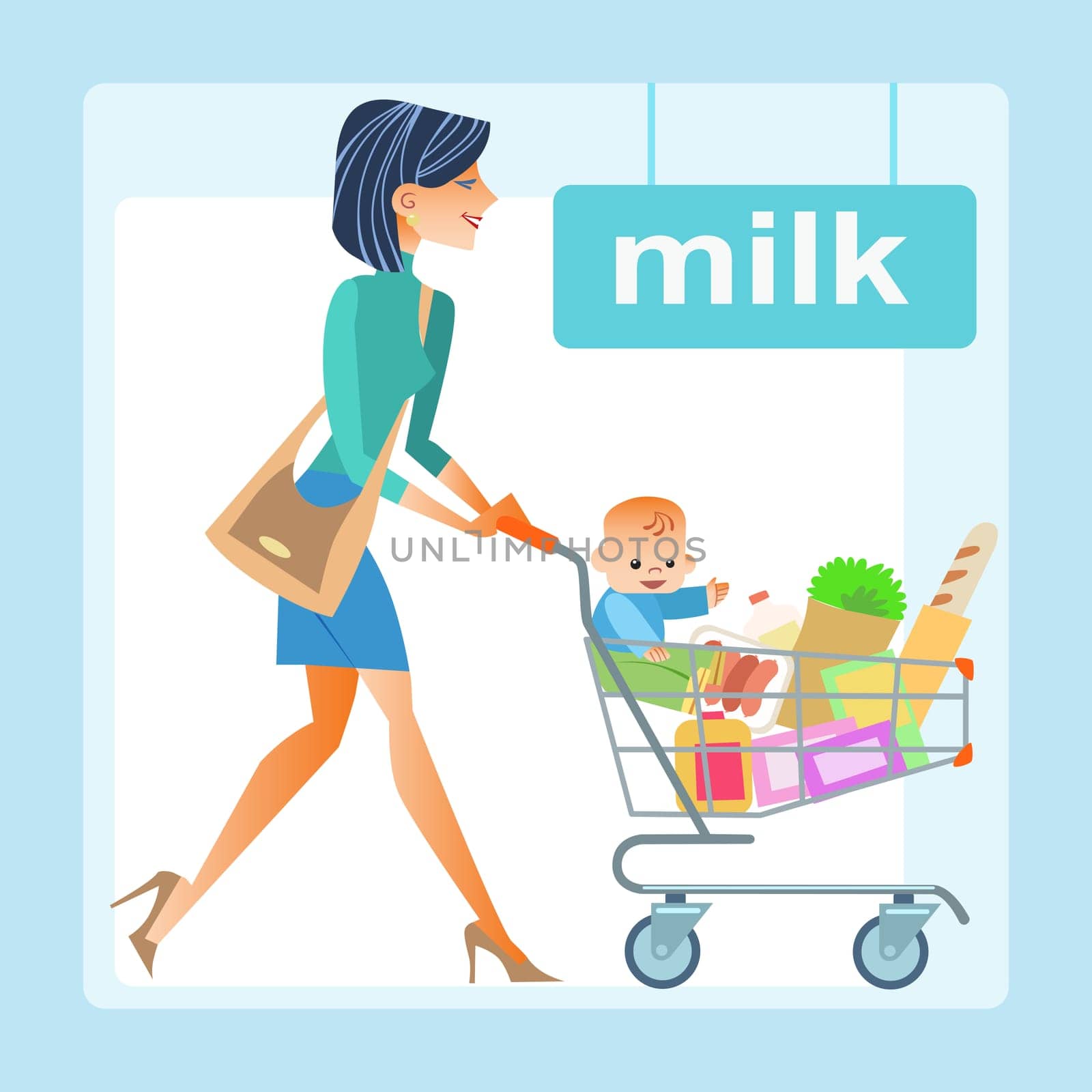 mom with the shopping cart with a baby in the store. In the cart the products and the boy, the milk section