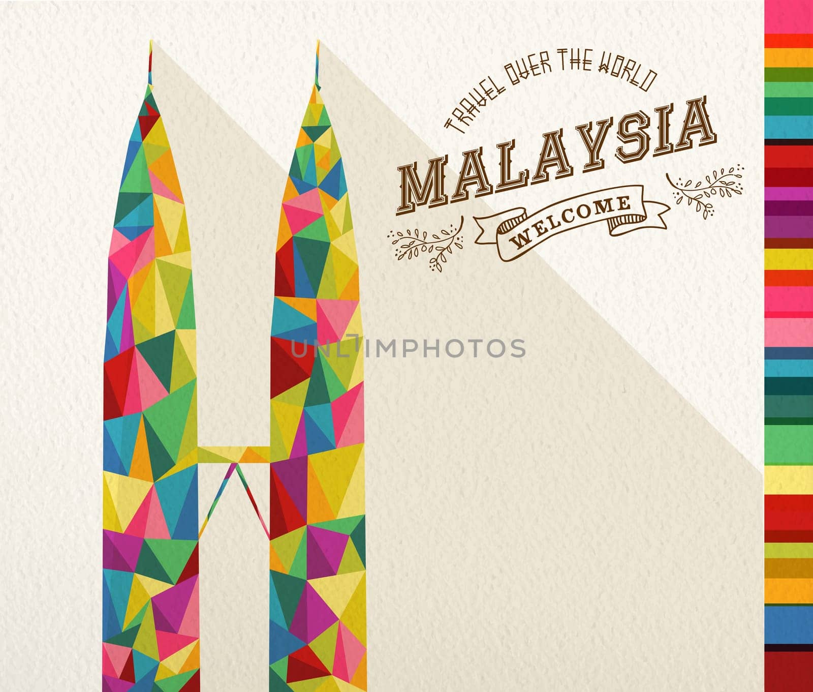 Travel Malaysia famous landmark. Colorful polygonal monument with vintage label and textured paper background. Ideal for website, brochure or marketing campaign. EPS10 vector file.