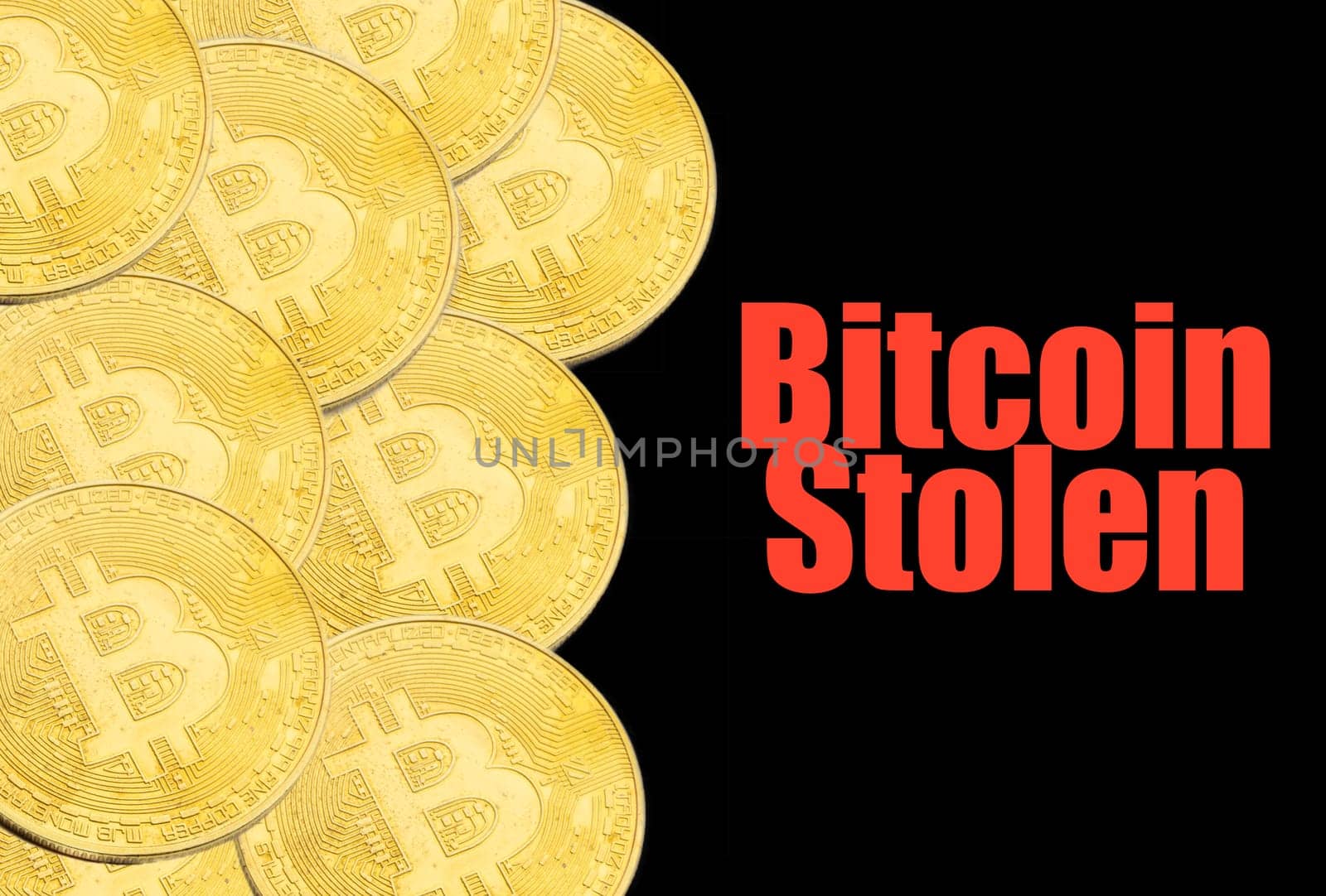 BITCOIN STOLEN text on black background. Cryptocurrency theft concept