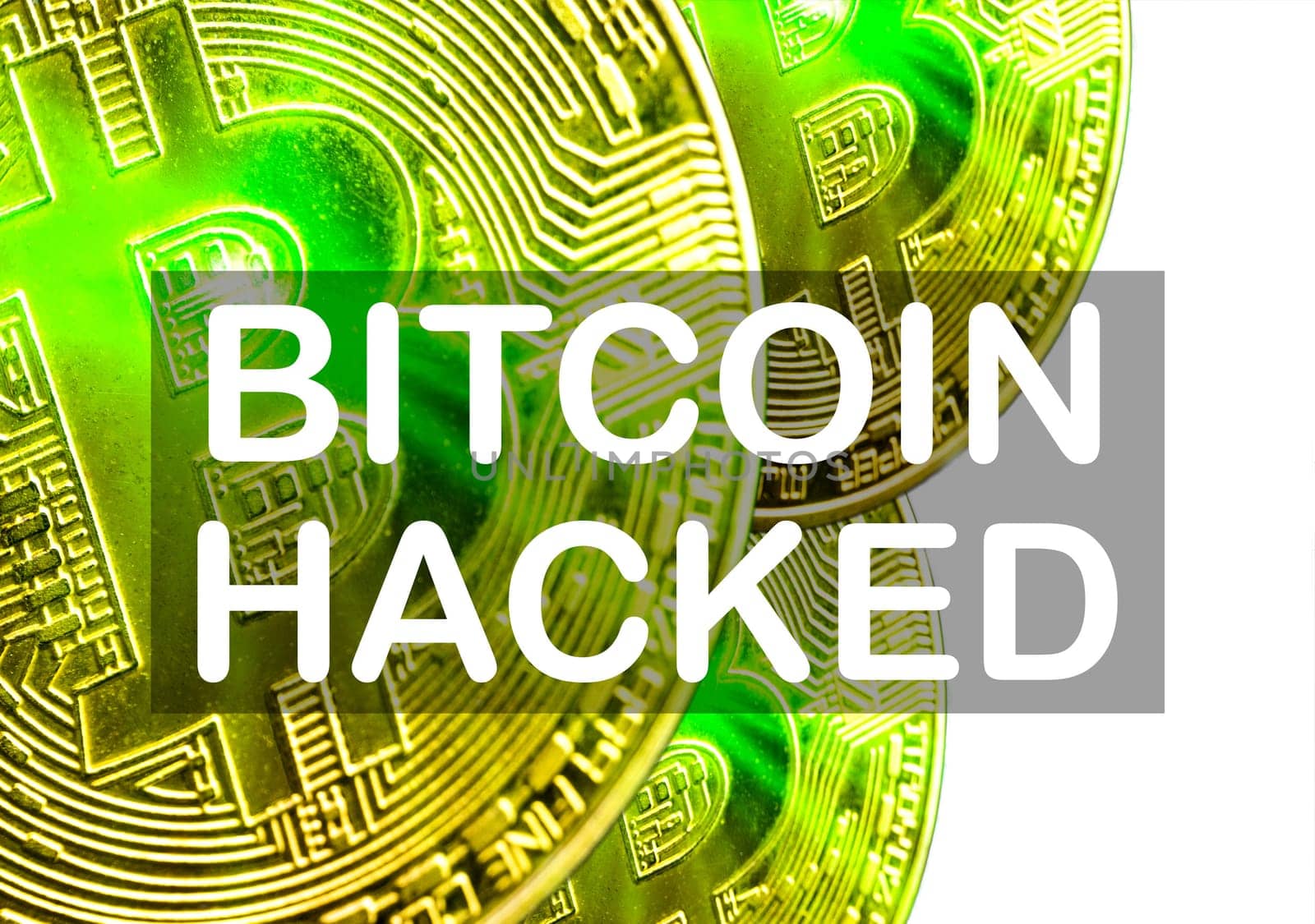 BITCOIN HACKED text on white background. Cryptocurrency theft concept