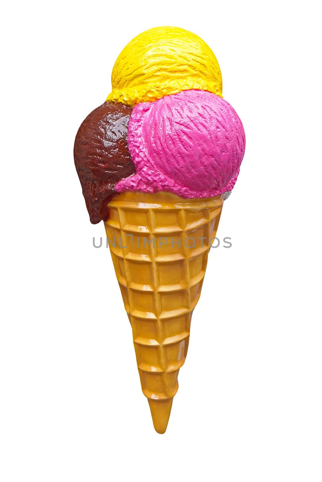 Three scoops of ice cream in cone isolated with clipping path