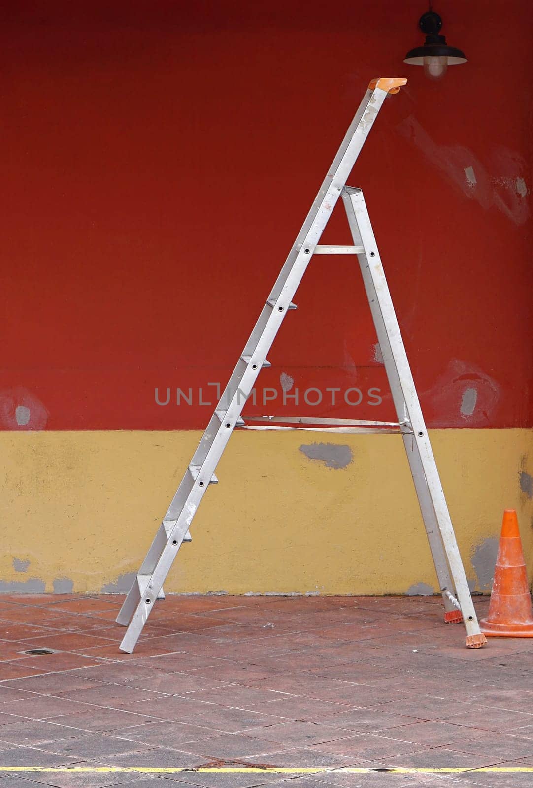 Self supporting stepladder at construction site