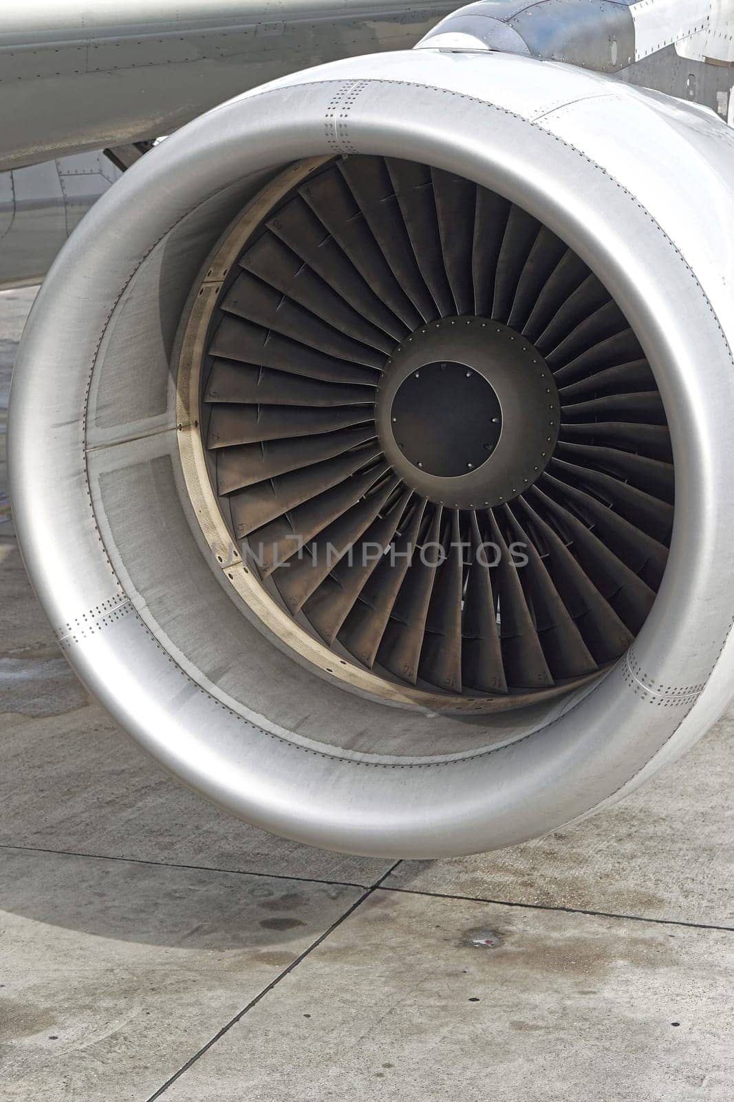 Close up shot of big jet engine fan box