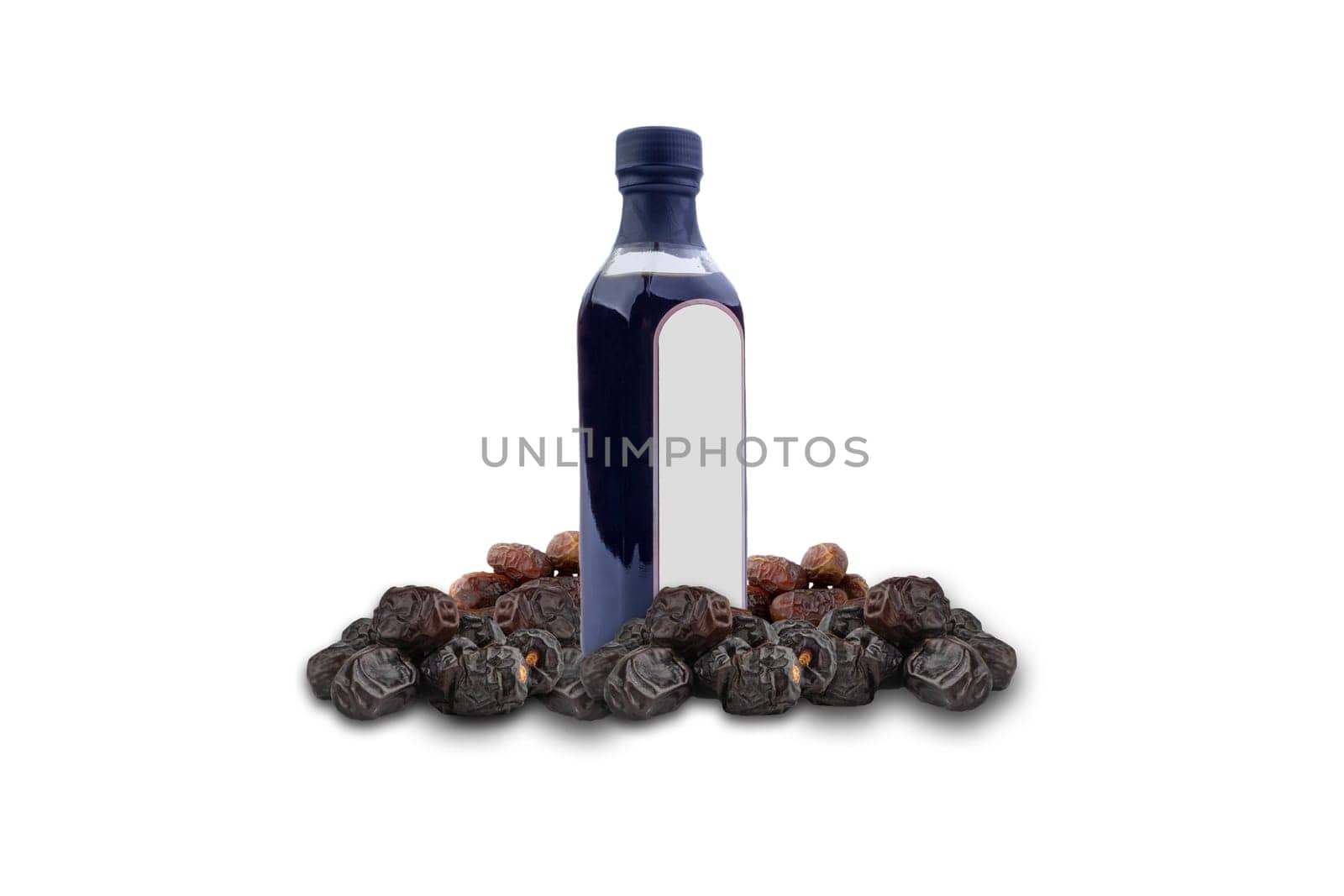 Dates Vinegar bottle and Dates fruit on white background. Copy space concept
