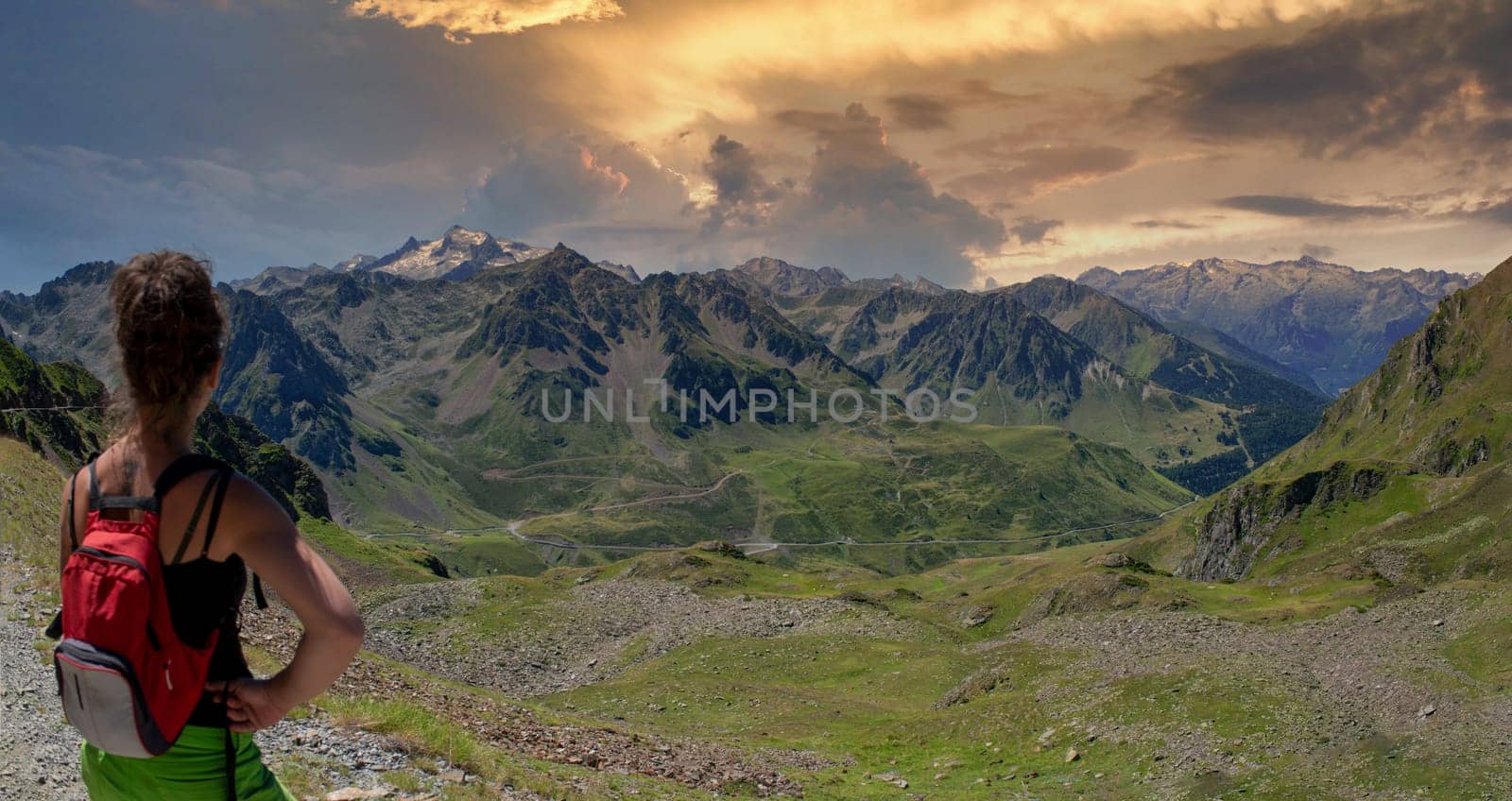 a young woman looking Col du tourmalet in the french Pyrenees