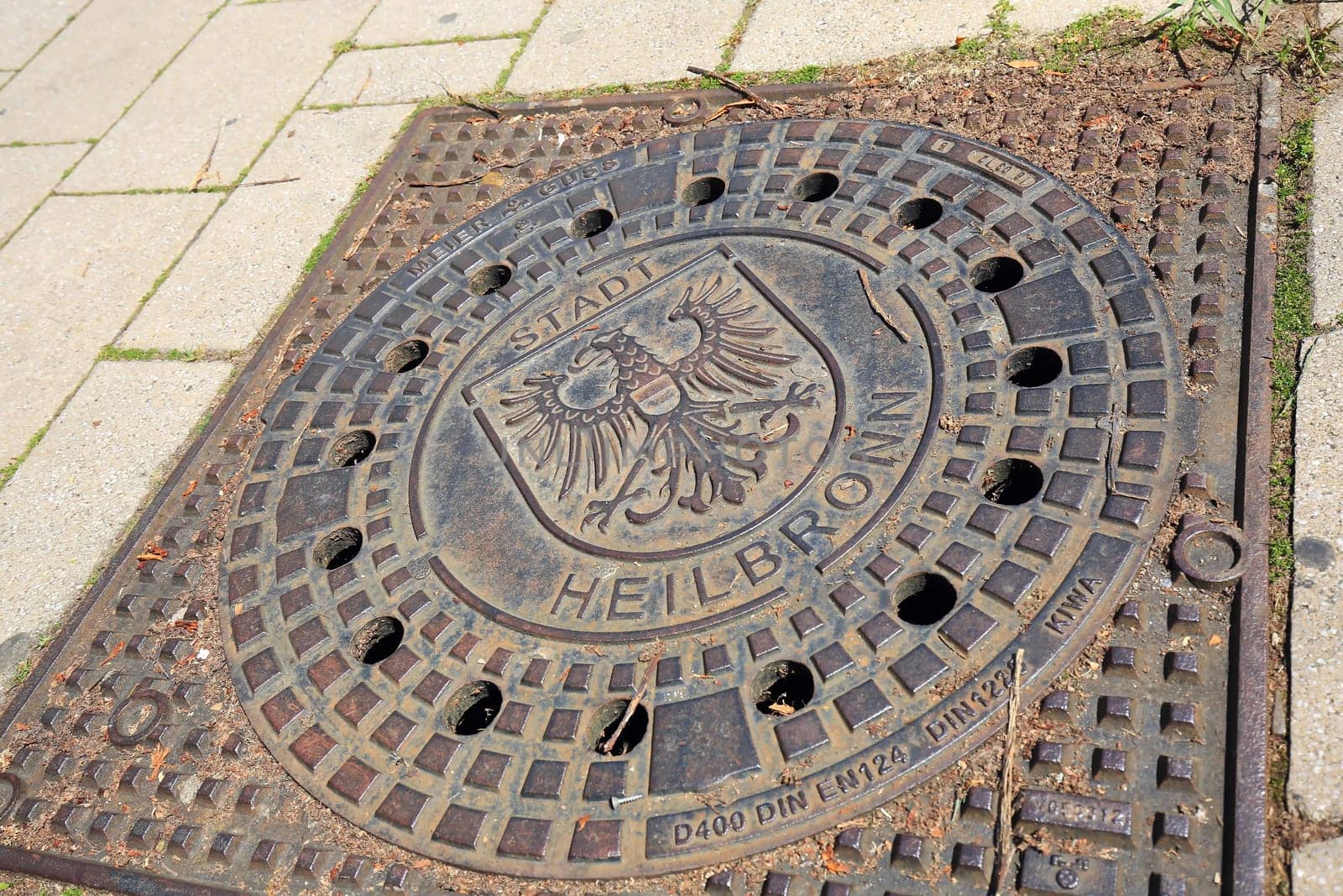 Heilbronn, Baden-Württemberg / Germany - 23 06 2020: Manhole cover with coat of arms in Heilbronn