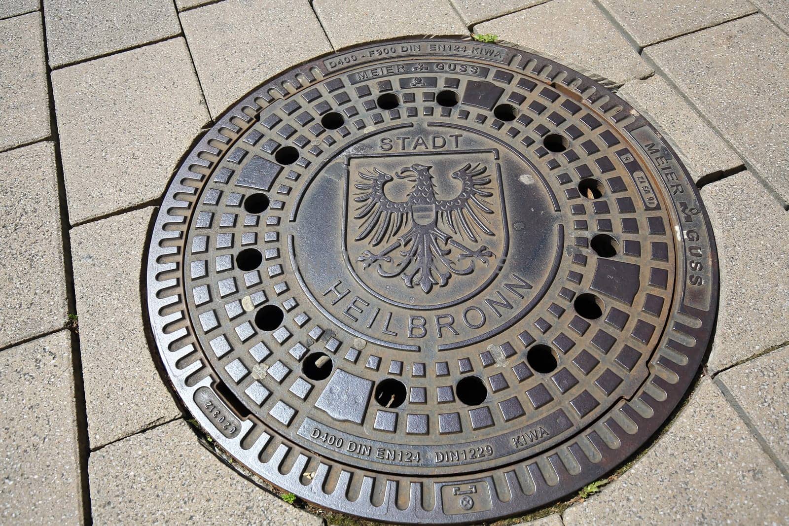 Heilbronn, Baden-Württemberg / Germany - 23 06 2020: Manhole cover with coat of arms in Heilbronn