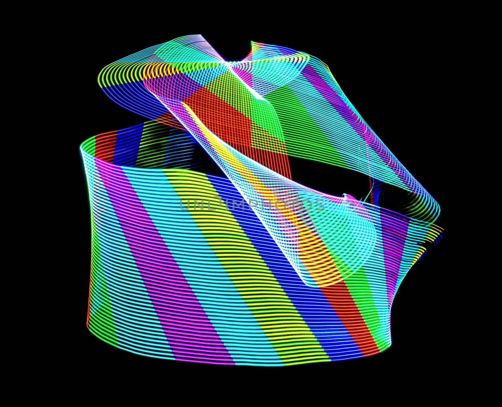 Abstract round structure of colored light painting against a black background