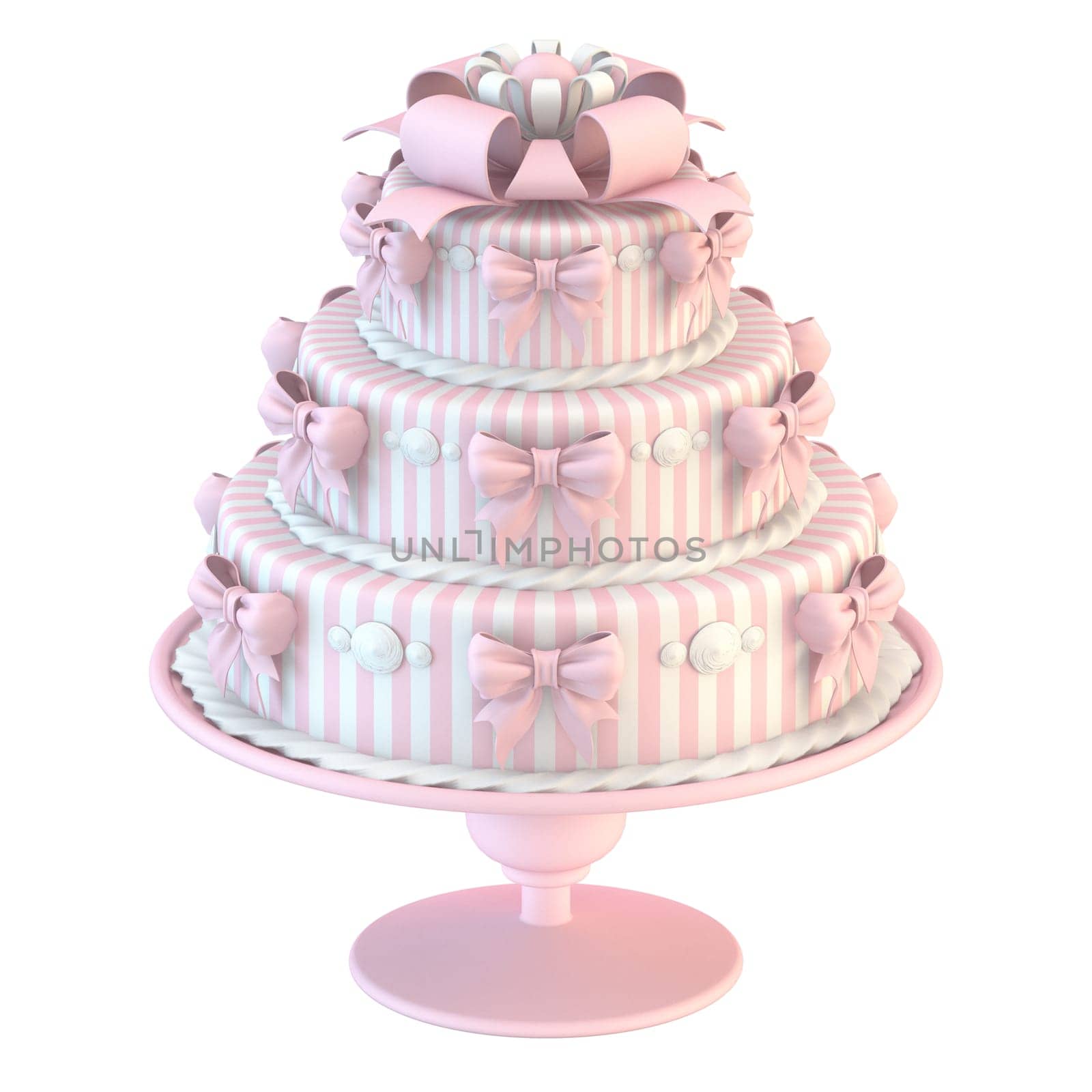 Pink white cake with ribbon bows 3D render illustration isolated on white background