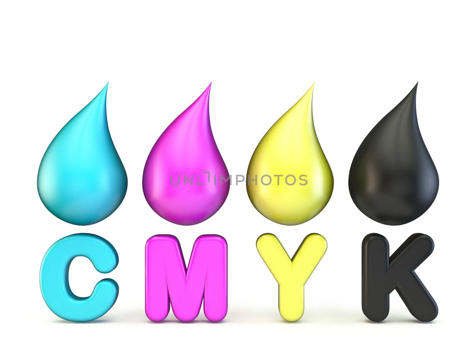 CMYK drops 3D render illustration isolated on white background