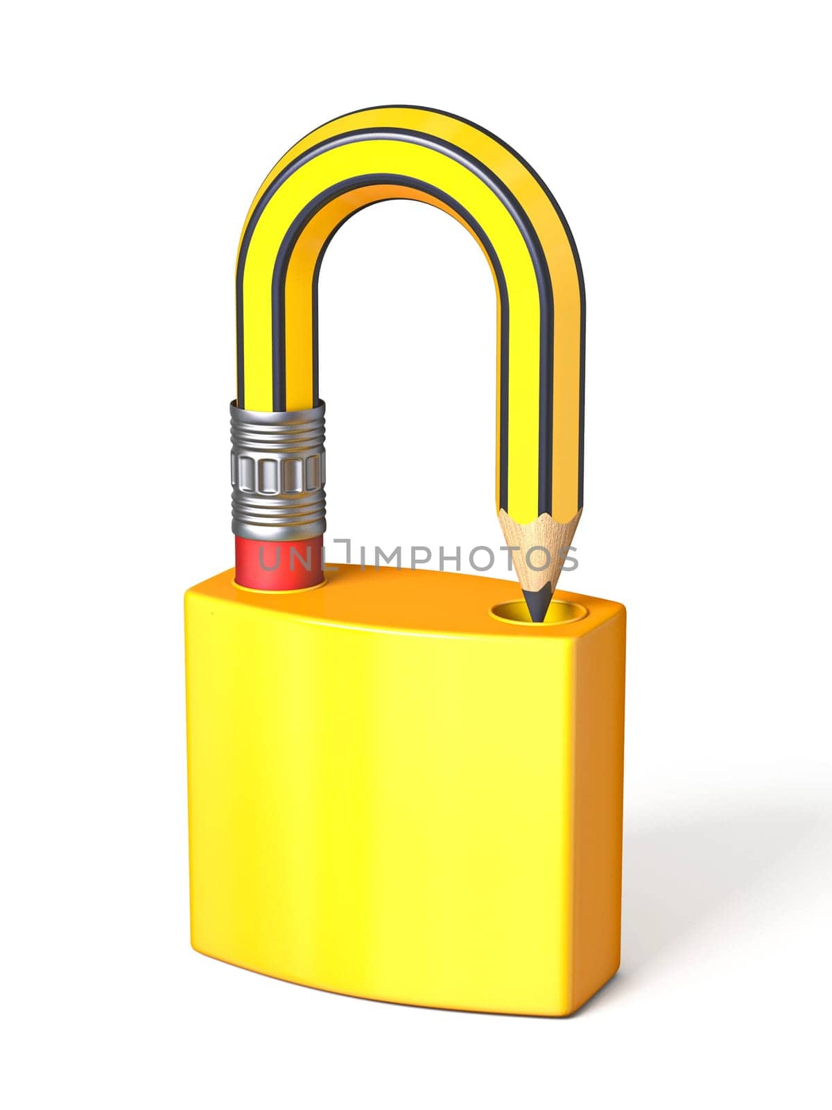 Pencil lock 3D rendering illustration isolated on white background