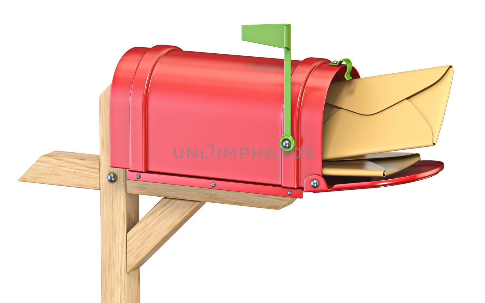 Mailbox with flag up full of mails 3D render illustration isolated on white background
