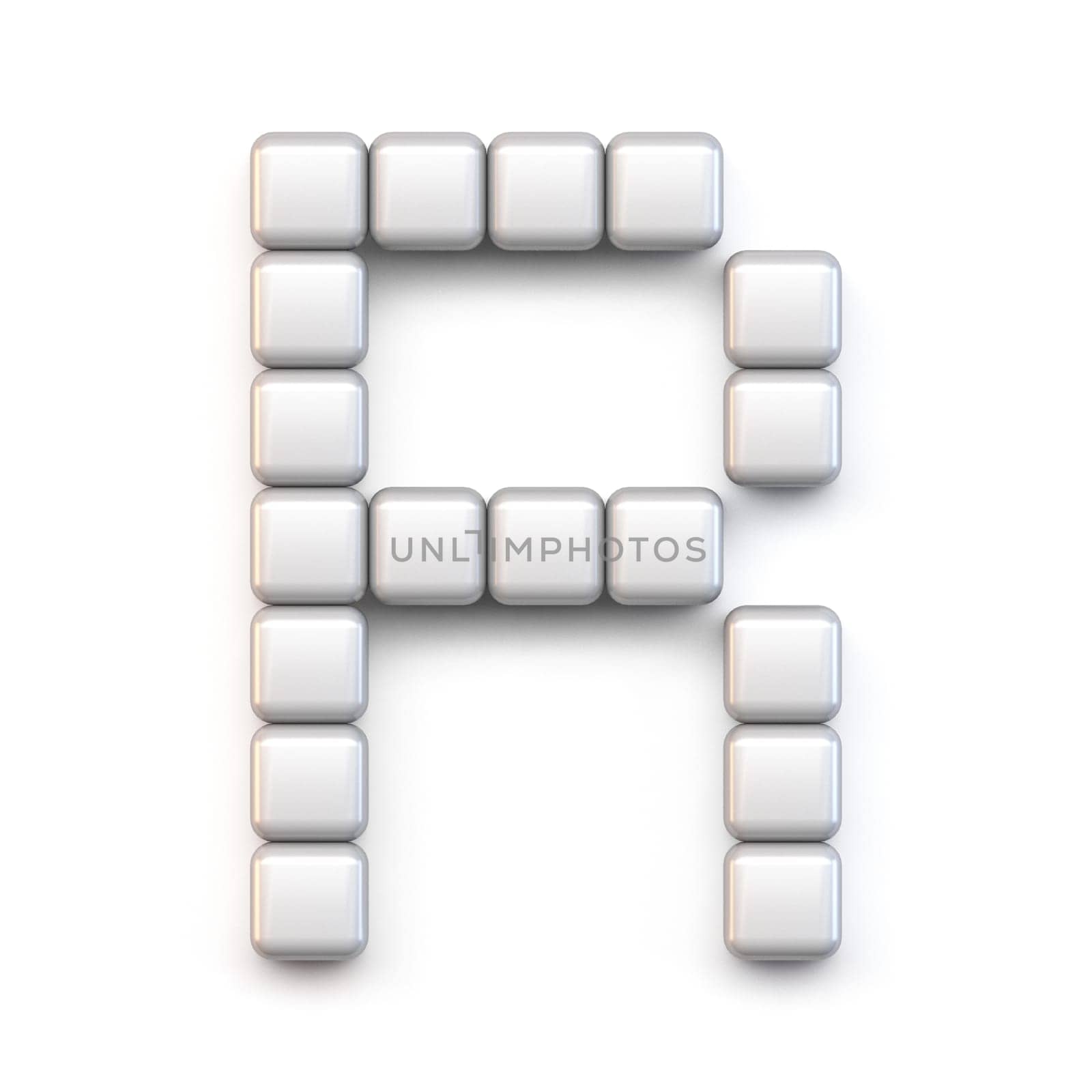 White cube, pixel font Letter R 3D render illustration isolated on white background