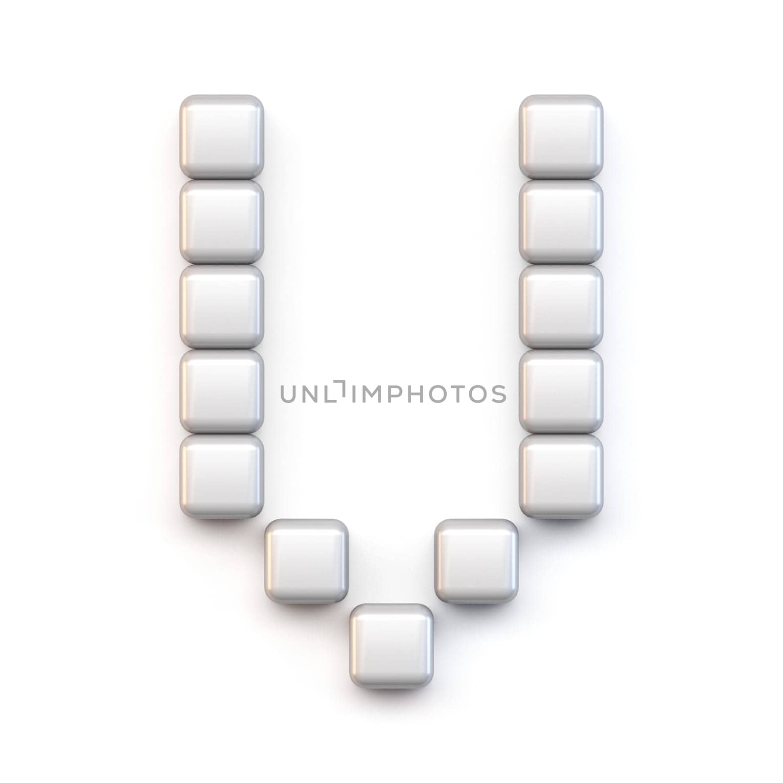 White cube, pixel font Letter V 3D render illustration isolated on white background