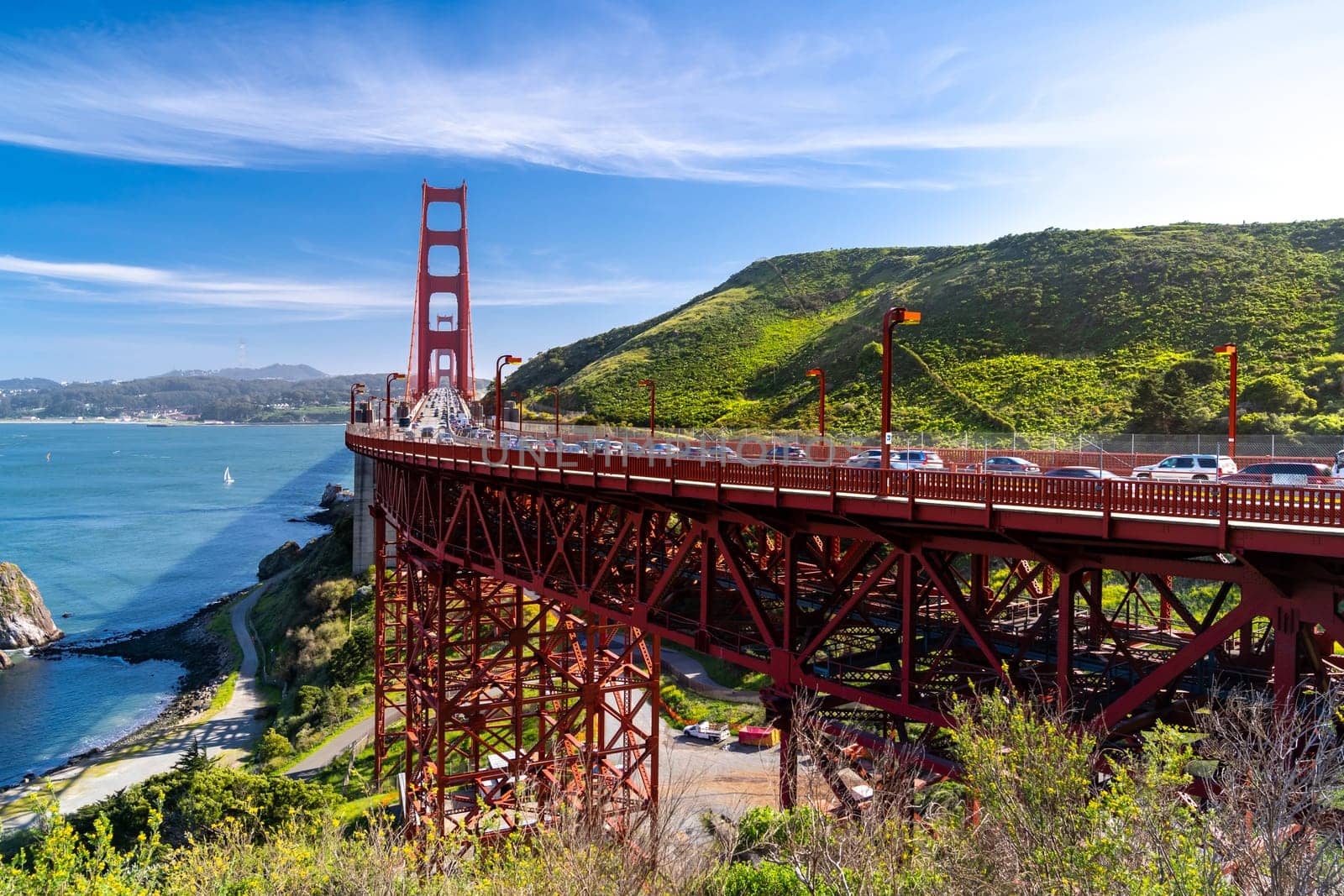 Golden Gate bridge View Vista point with beautiful blue sky landscape in San Francisco North California USA West Coast of Pacific Ocean, United States Landmark Travel Destination and cityscape concept