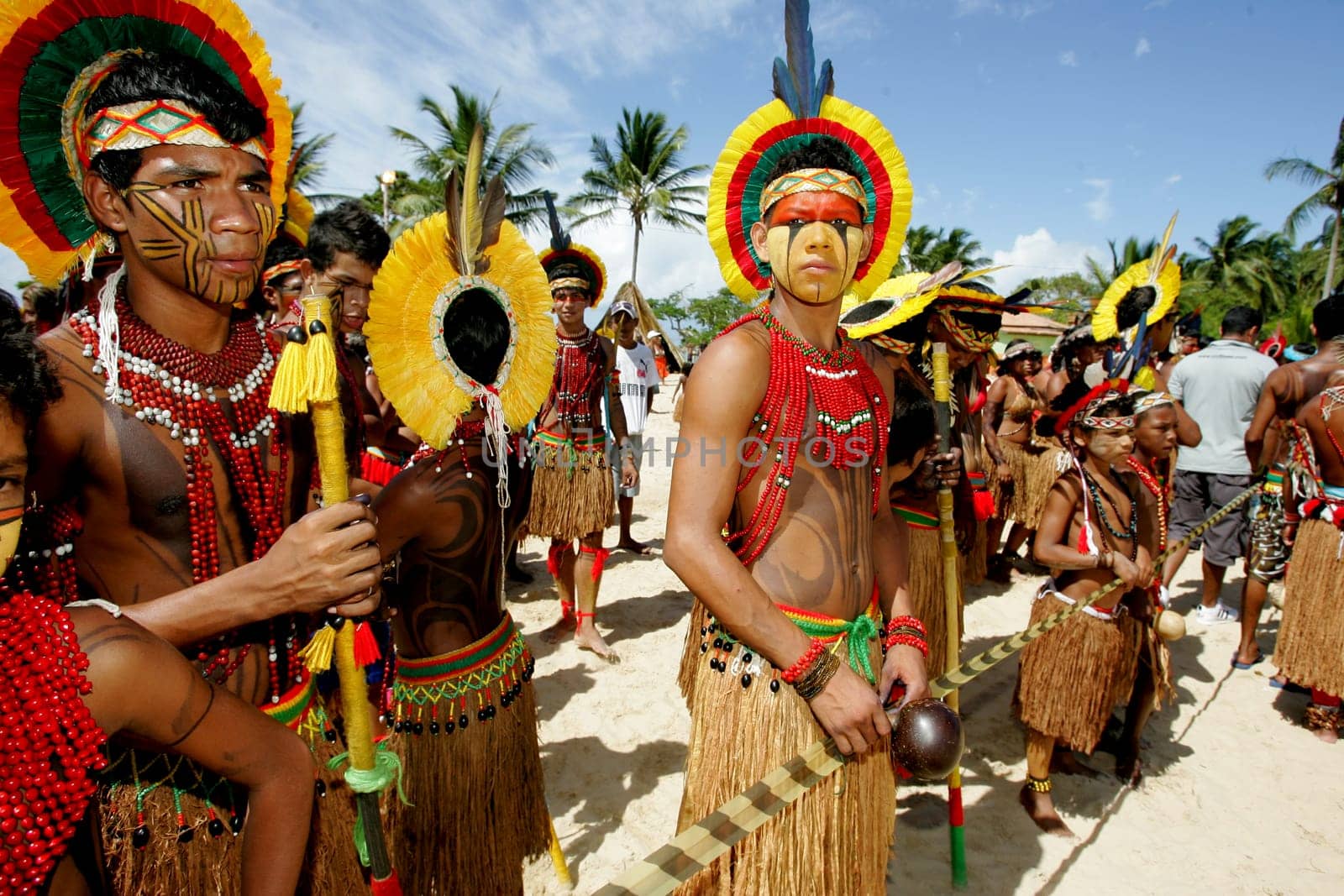 santa cruz cabralia, bahia / brazil - april 17, 2011: indians of the pataxo ethnic group are seen during indigenous games in the Coroa Vermelha village in the city of Santa Cruz Cabralia, in southern Bahia.