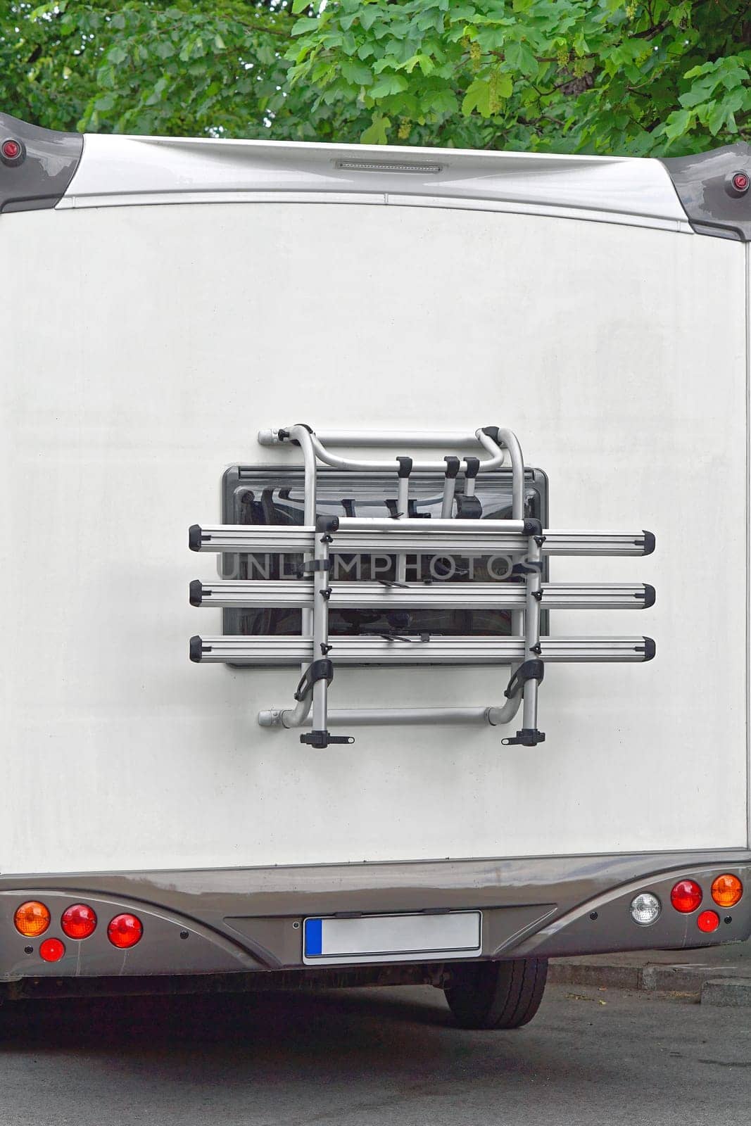Bicycle carrier at back of camper van