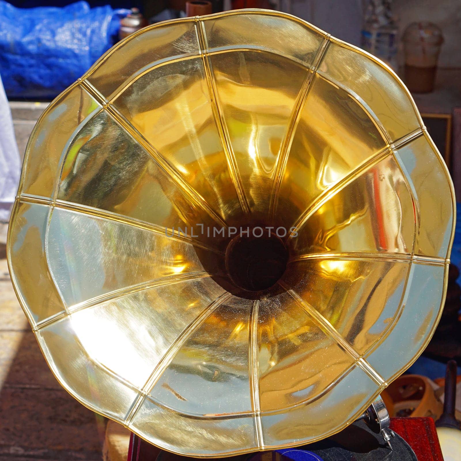 Speaker golden horn at antique vintage gramophone