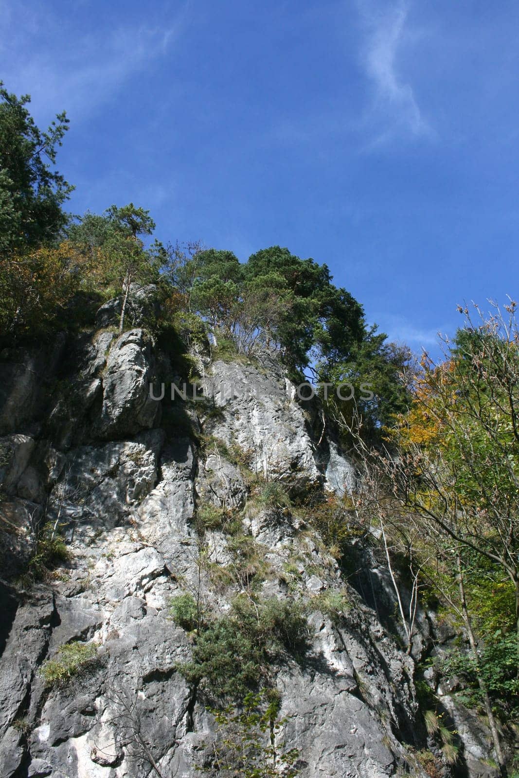 A landscape in the highlands, with rocks, trees and blue sky.