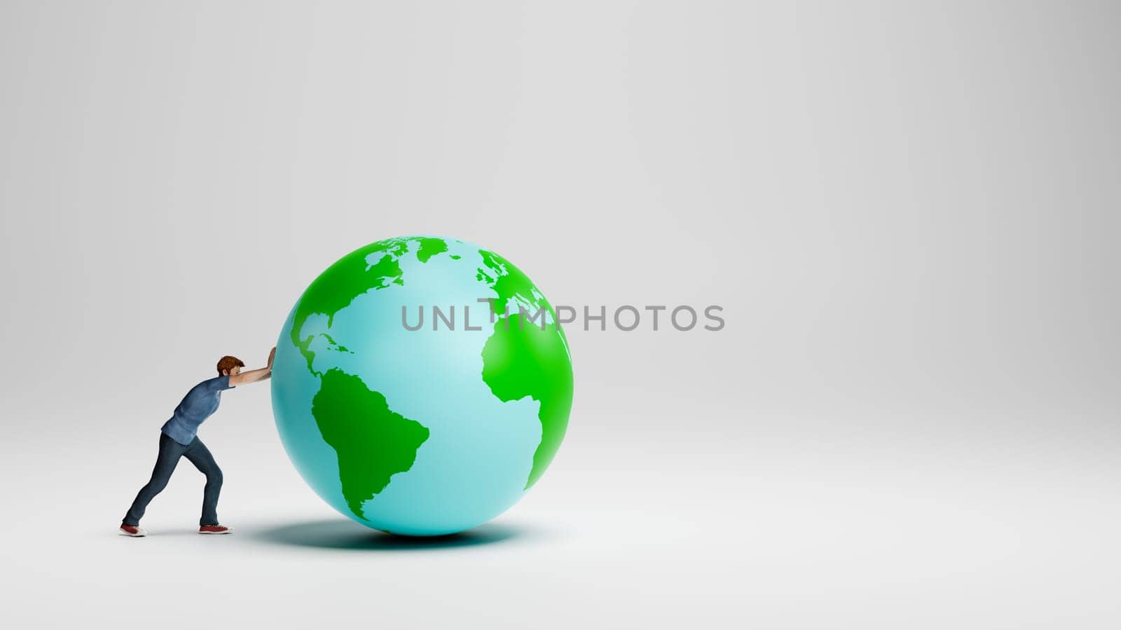Young Man Pushing the Earth Planet on White Studio Background with Copy Space 3D Illustration