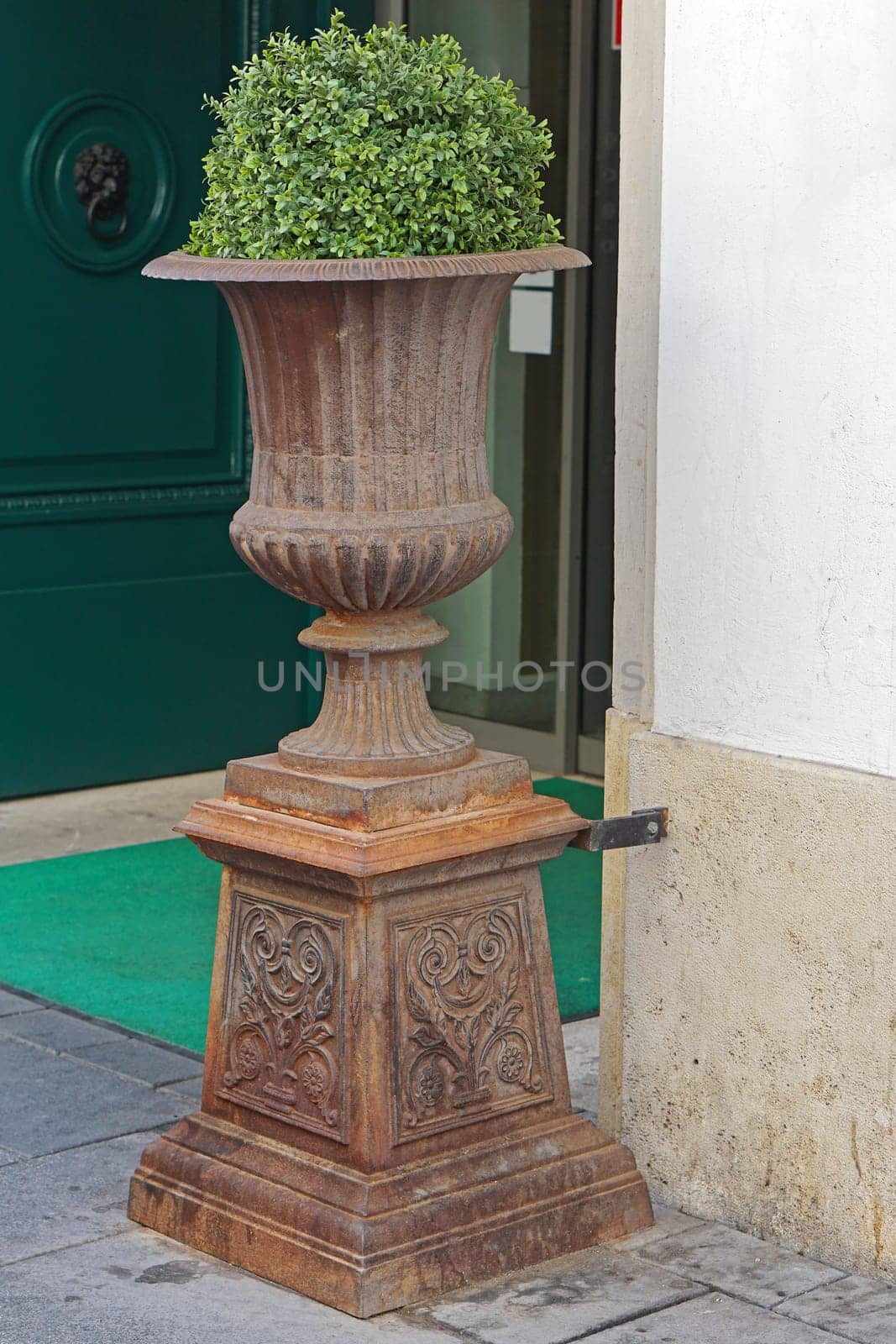 Antique style plant pot in front of building