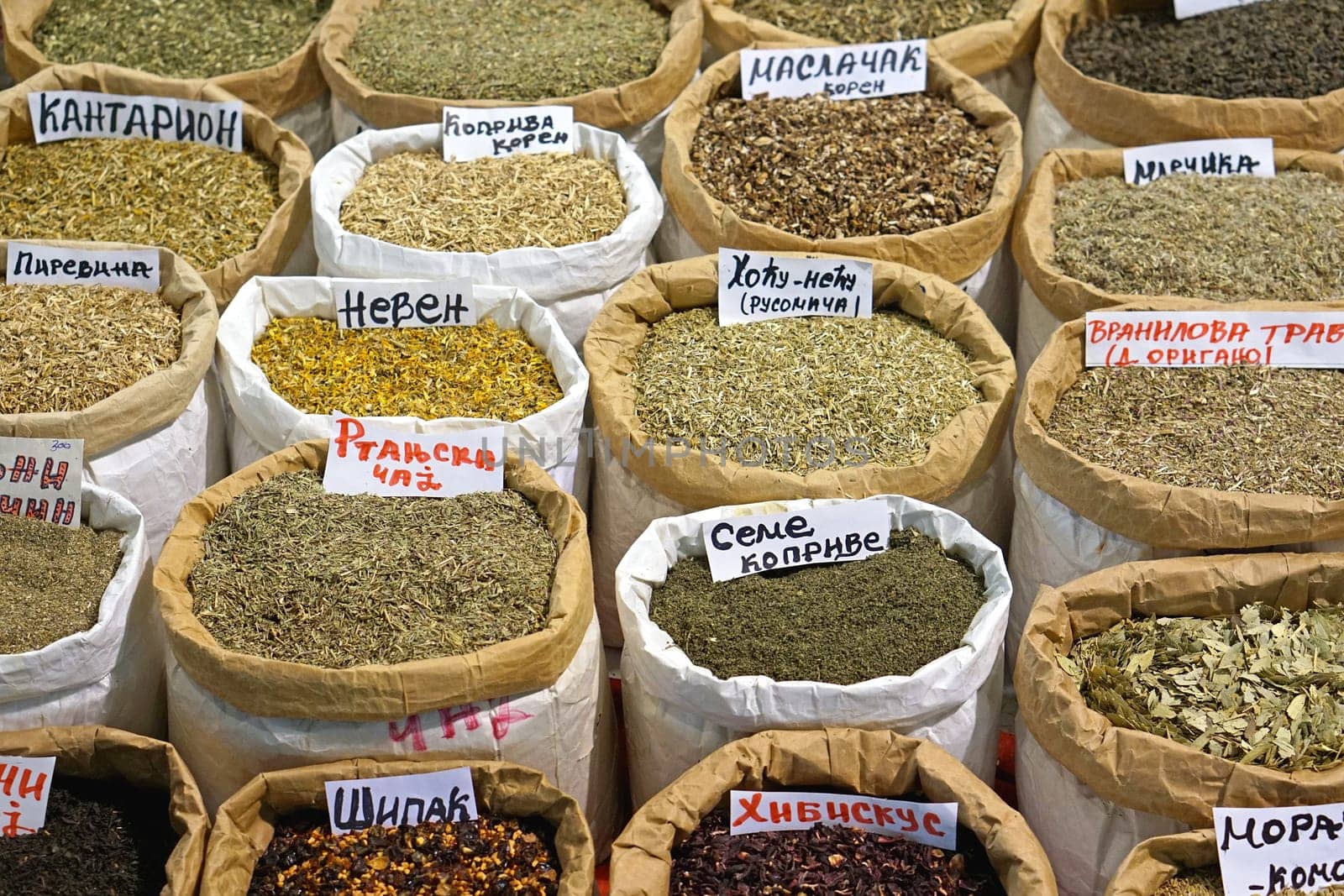 Natural tea and herbs in sacks
