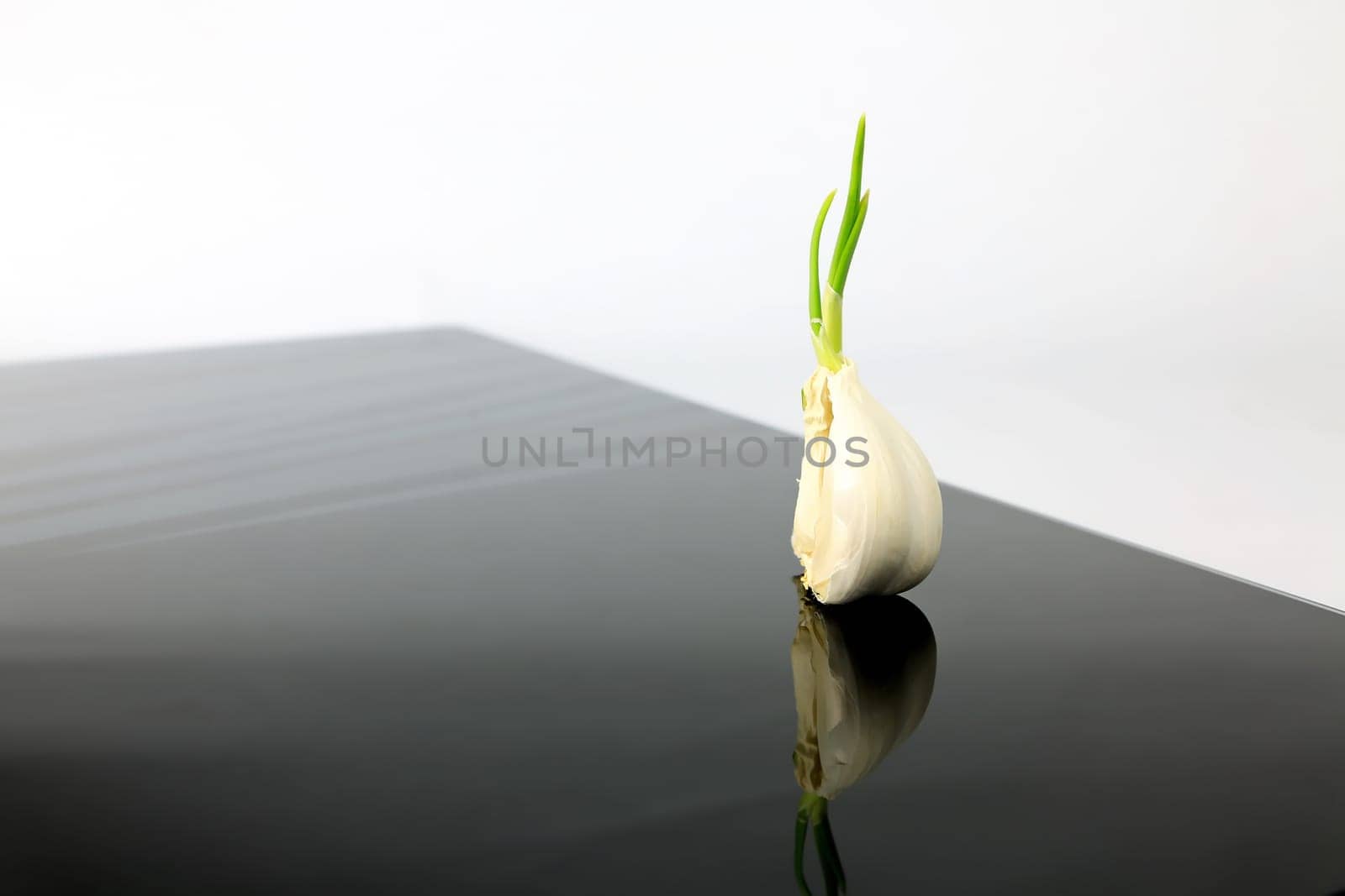Garlic on a black plate wanders across the picture
