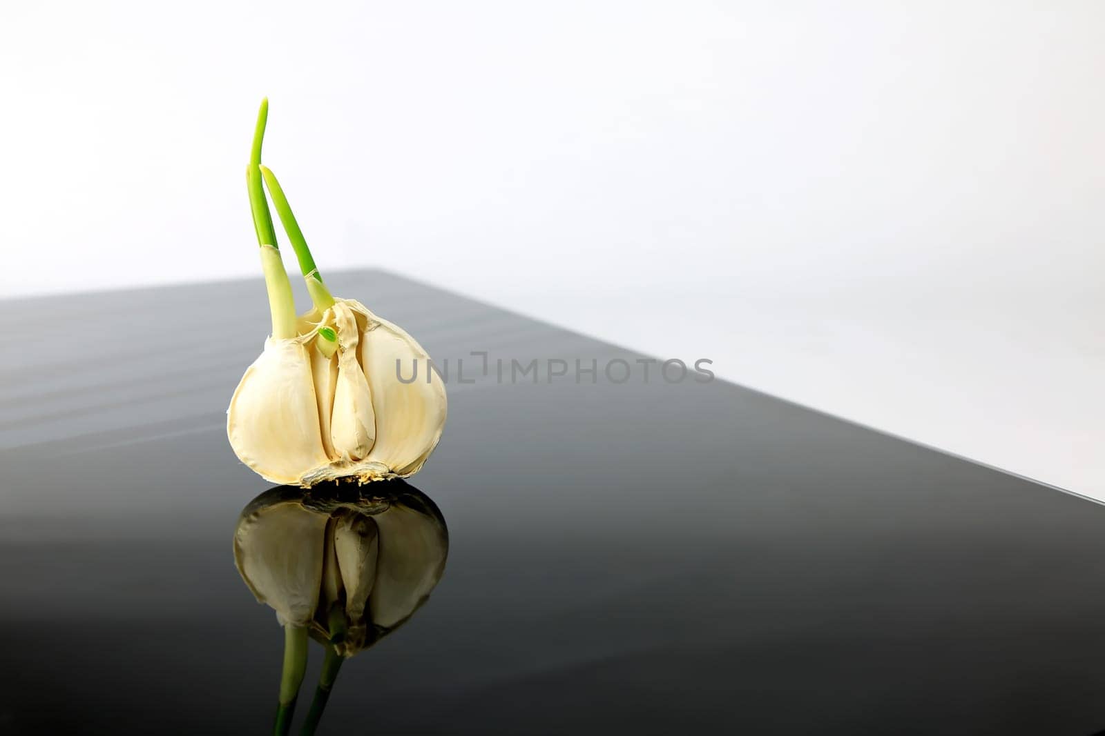 Garlic on a black plate wanders across the picture