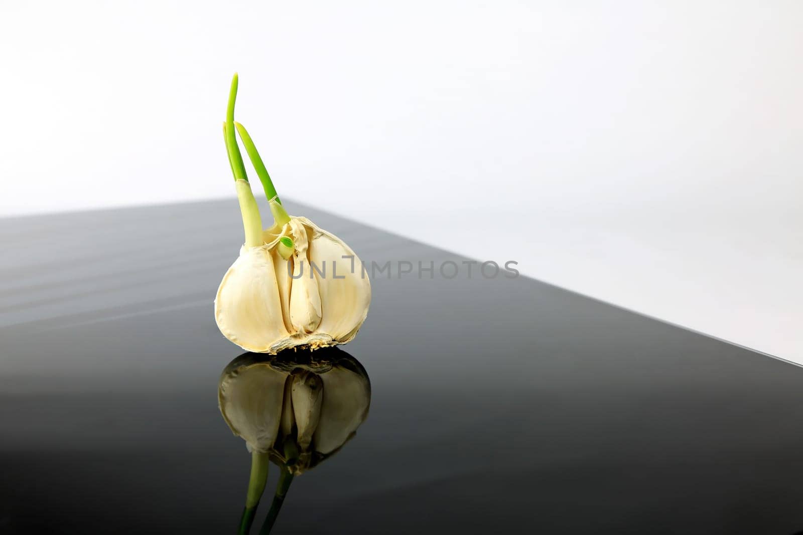 Garlic on a black plate wanders across the picture