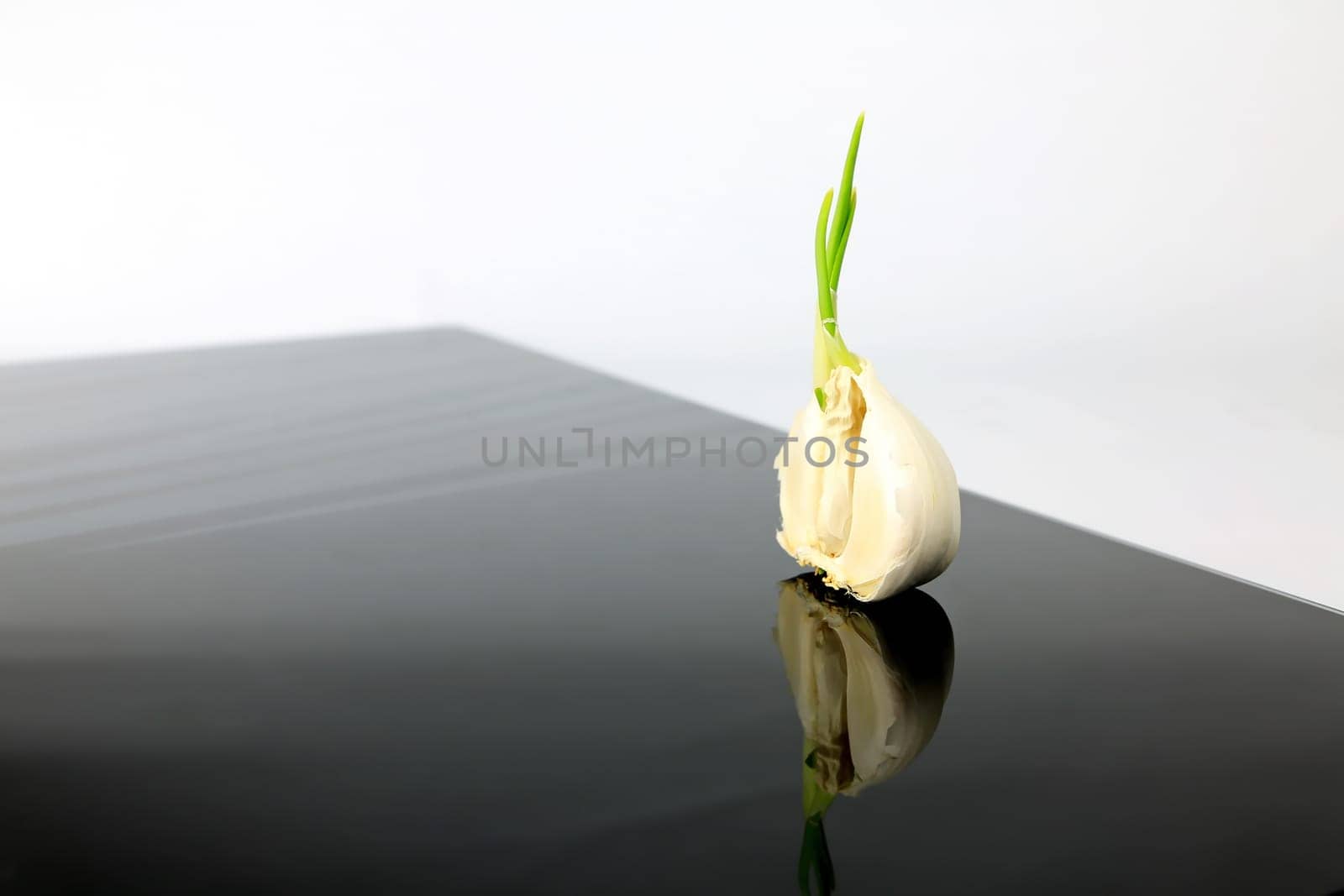 Garlic on a black plate wanders across the picture