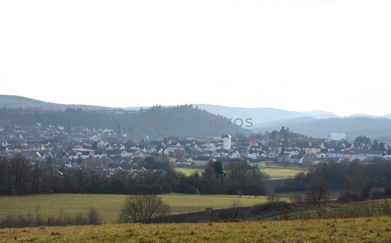 Birkenfeld, Germany, small town in the Hunsrueck, with a Catholic church in the center of the image