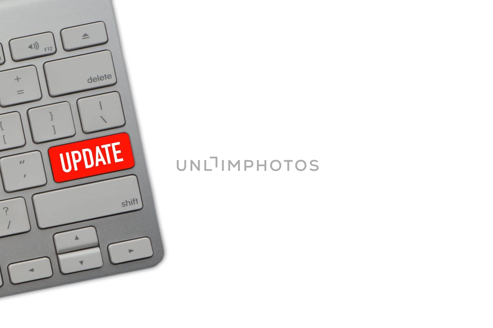 UPDATE text with computer keyboard on white background. Selective focus