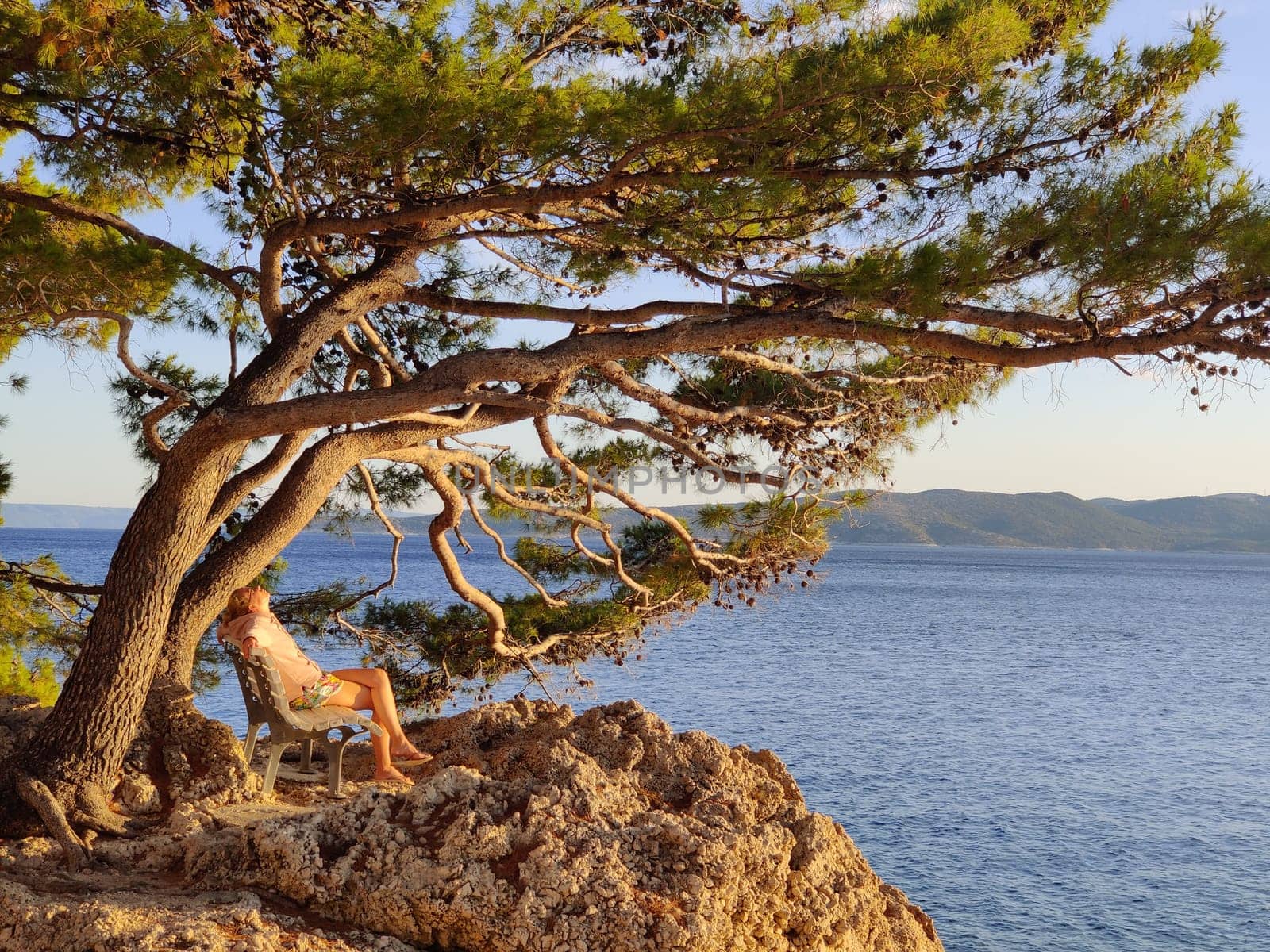 Pensive woman on vacations, sitting and relaxing under large pine tree on bench by dip blue sea enjoying beautiful sunset light in Brela, Makarska region, Dalmatia, Croatia.