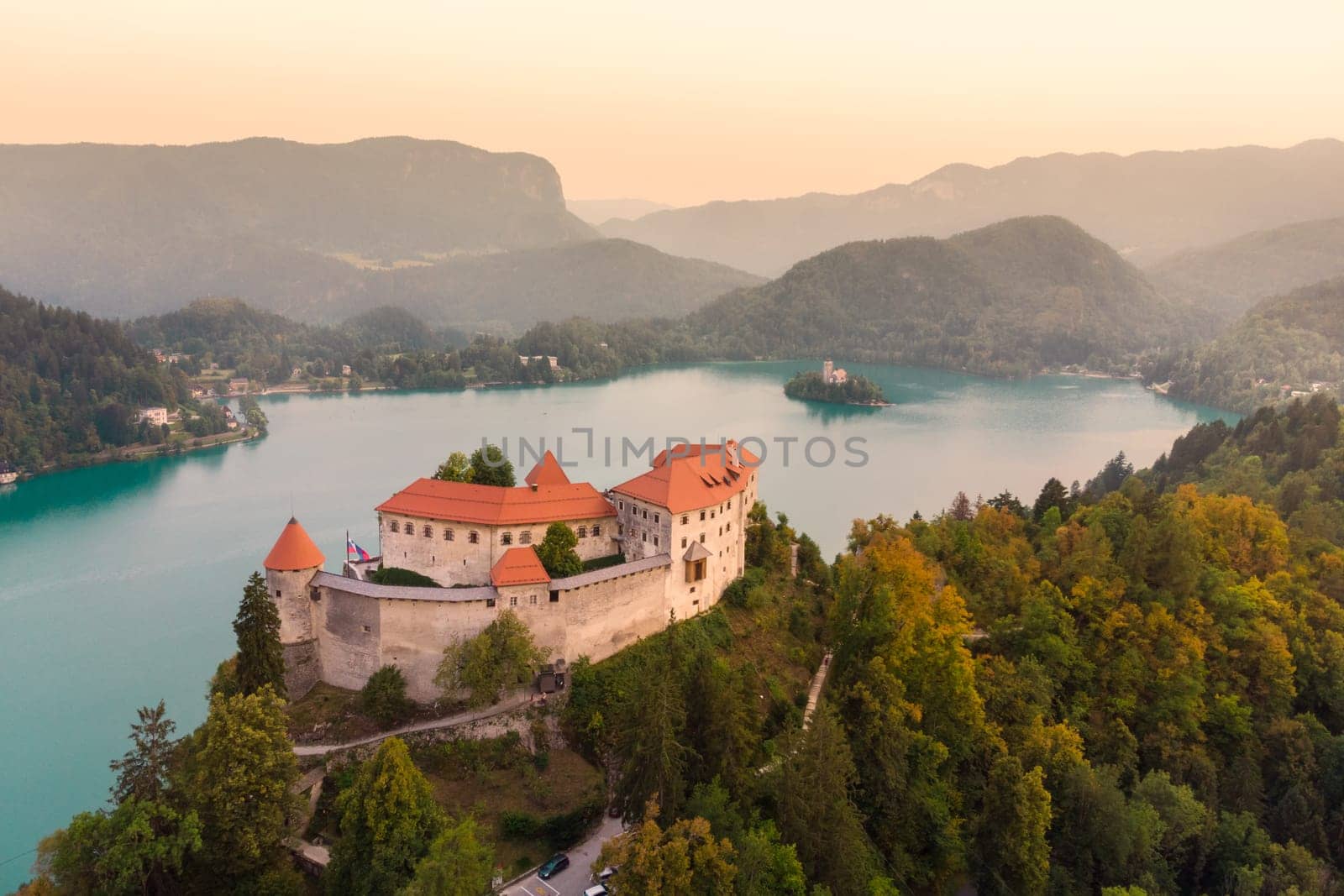Aerial view of Lake Bled and the castle of Bled, Slovenia, Europe. Aerial drone photography.
