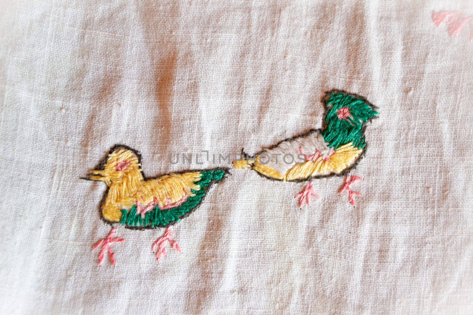 duck hand made embroidered smooth decoration on white fabric , vintage folk embroidery in Belarus, second half of 19 century