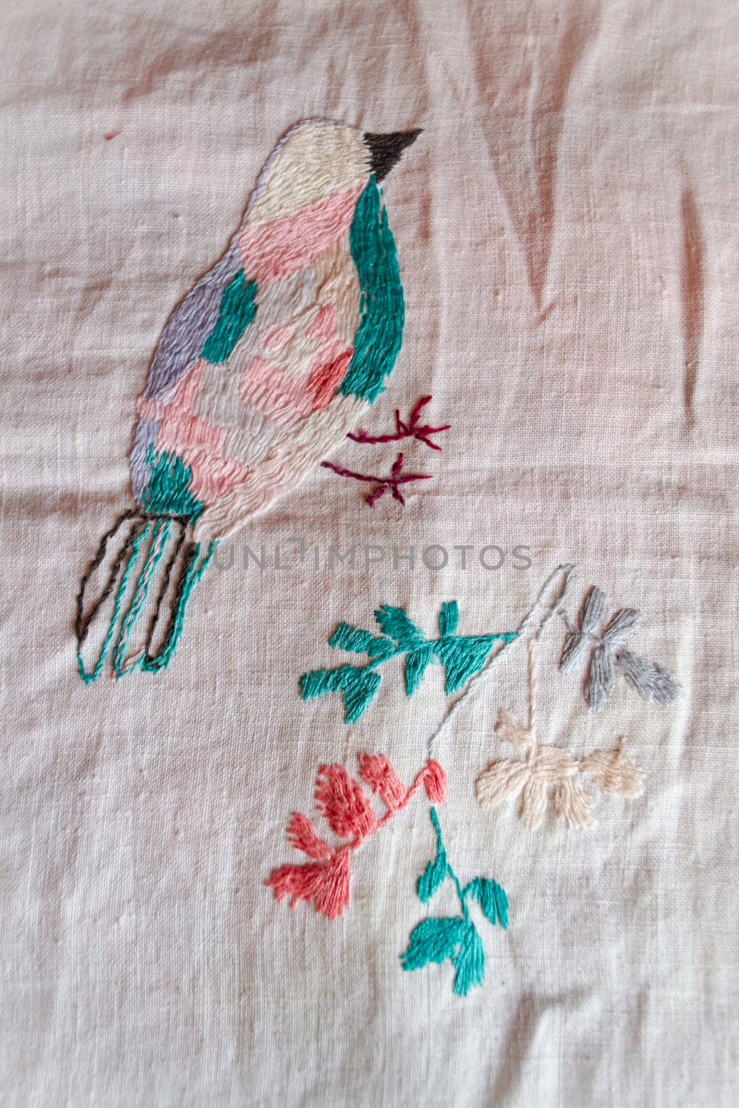 paradise hand made embroidered smooth decoration on white fabric , vintage folk embroidery in Belarus, second half of 19 century