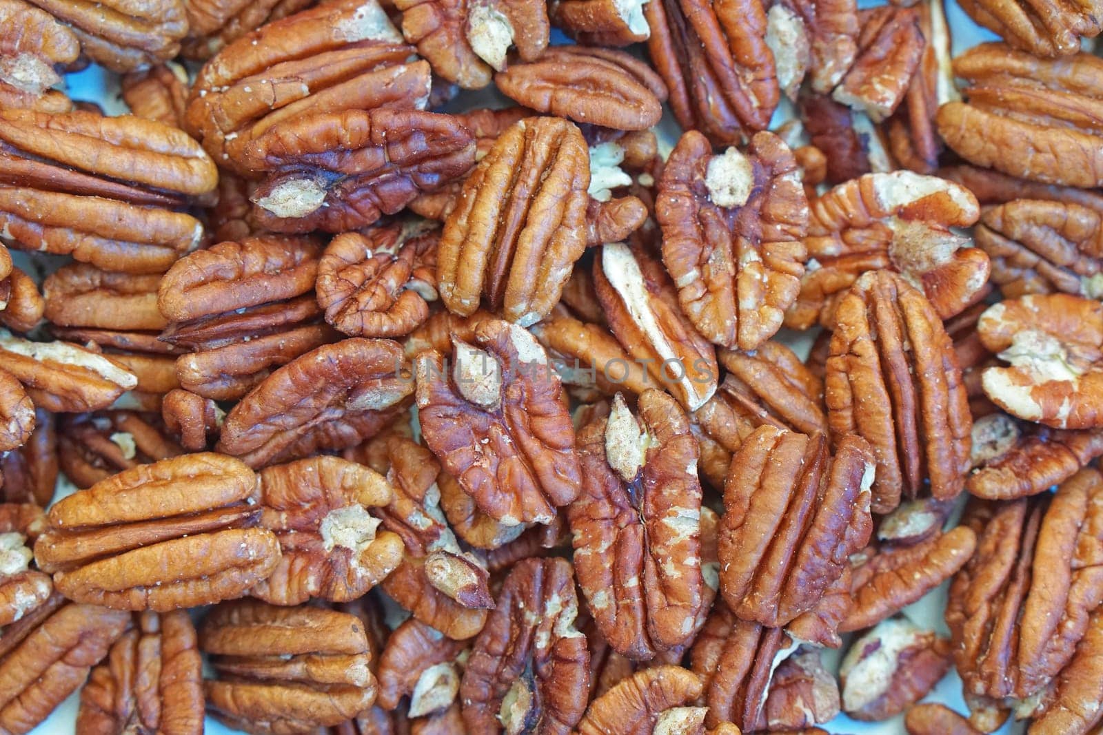 Big bunch of shelled pecans nuts