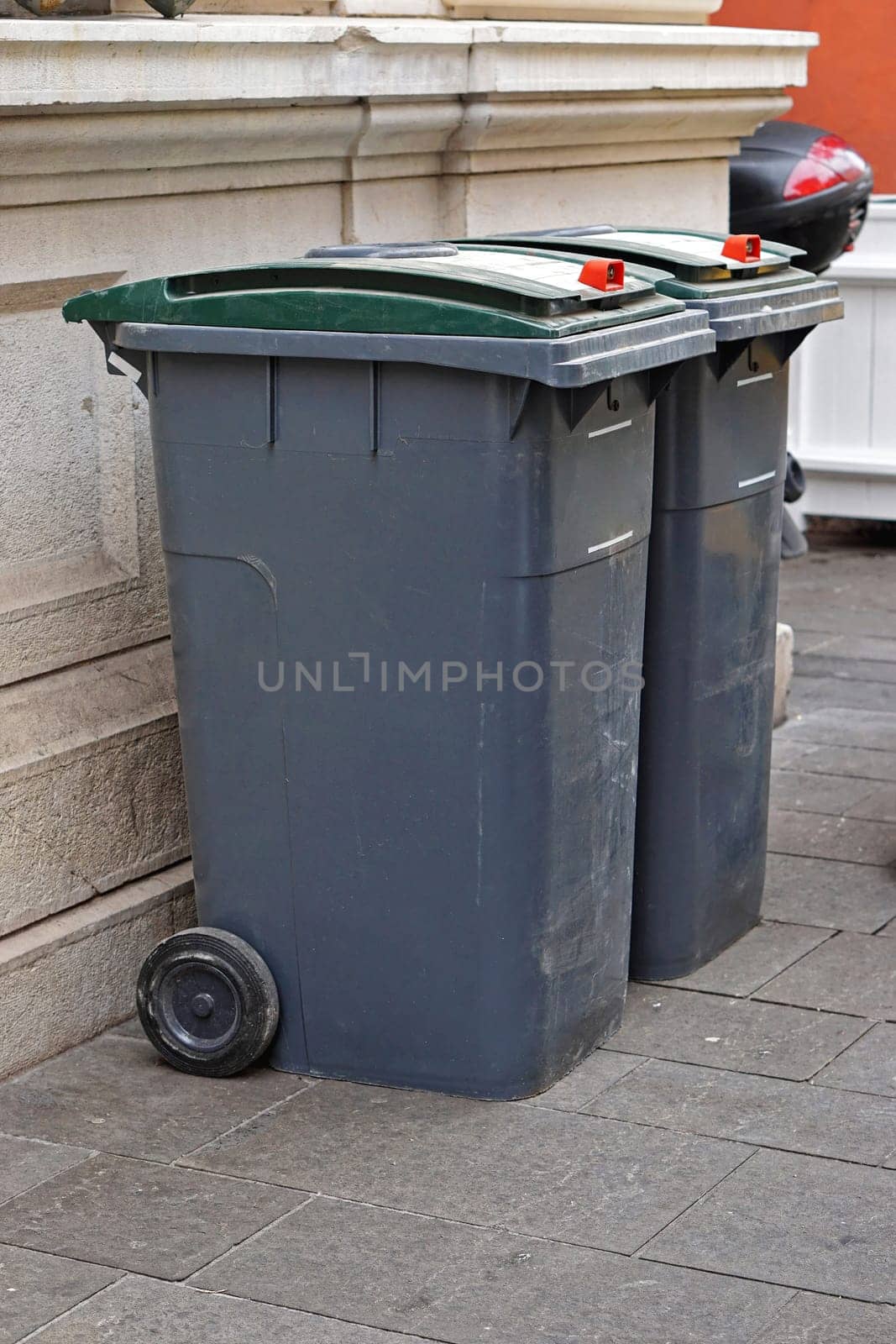 Two garbage wheelie bins at street