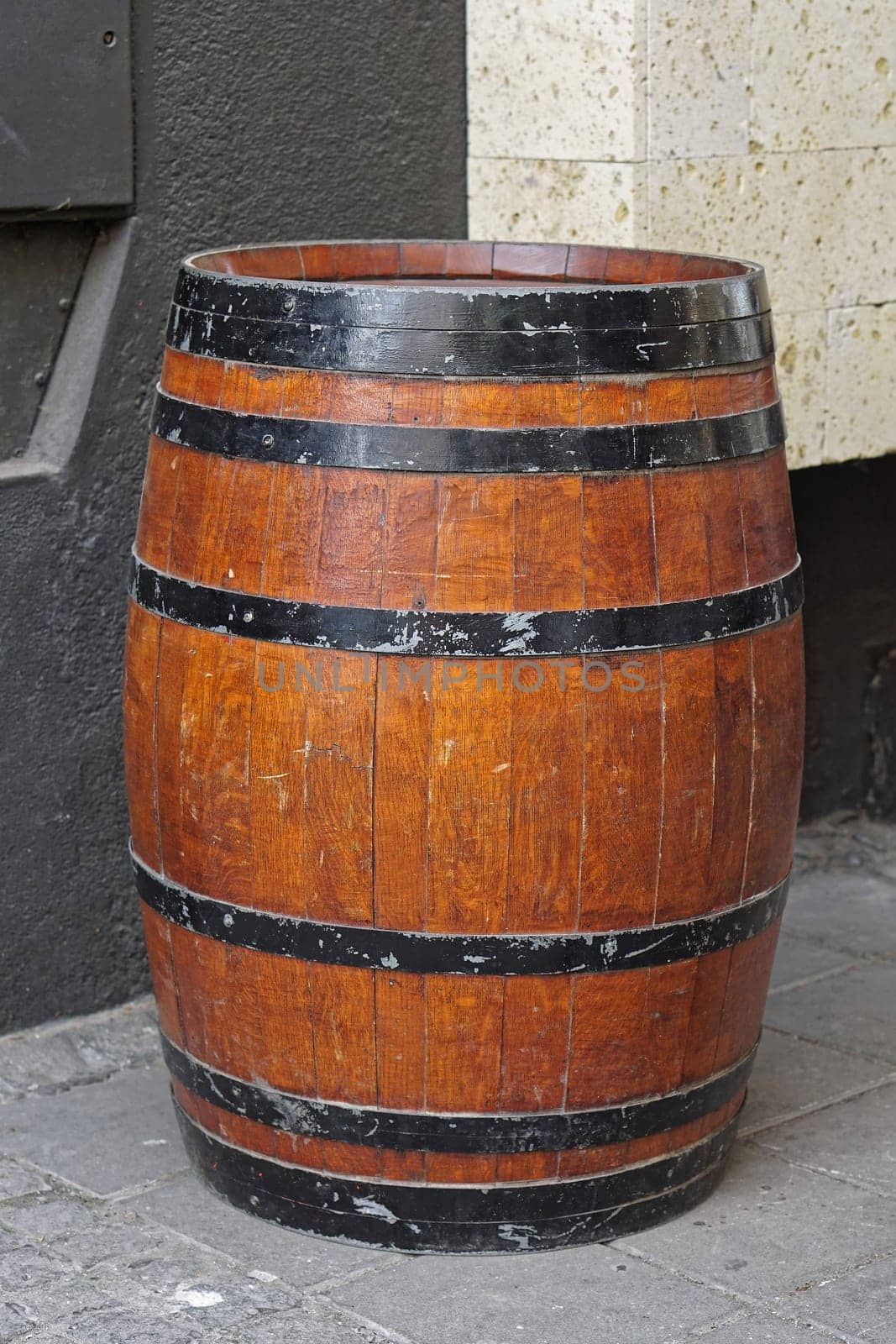 Old wooden barrel at street