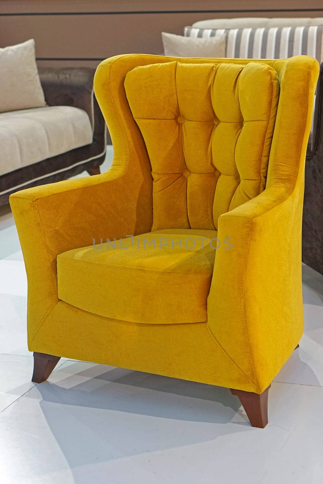 Bright plush textile armchair in room
