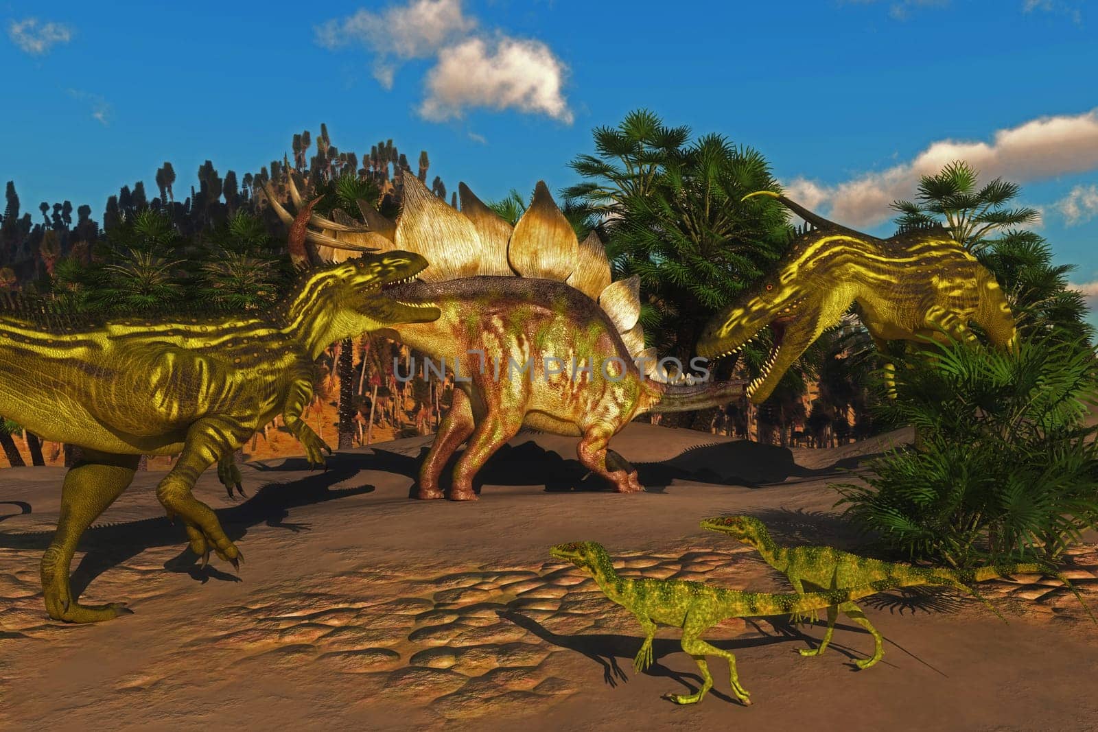 Small Juravenator reptiles watch as a Stegosaurus tries to defend itself from two Torvosaurus dinosaurs.