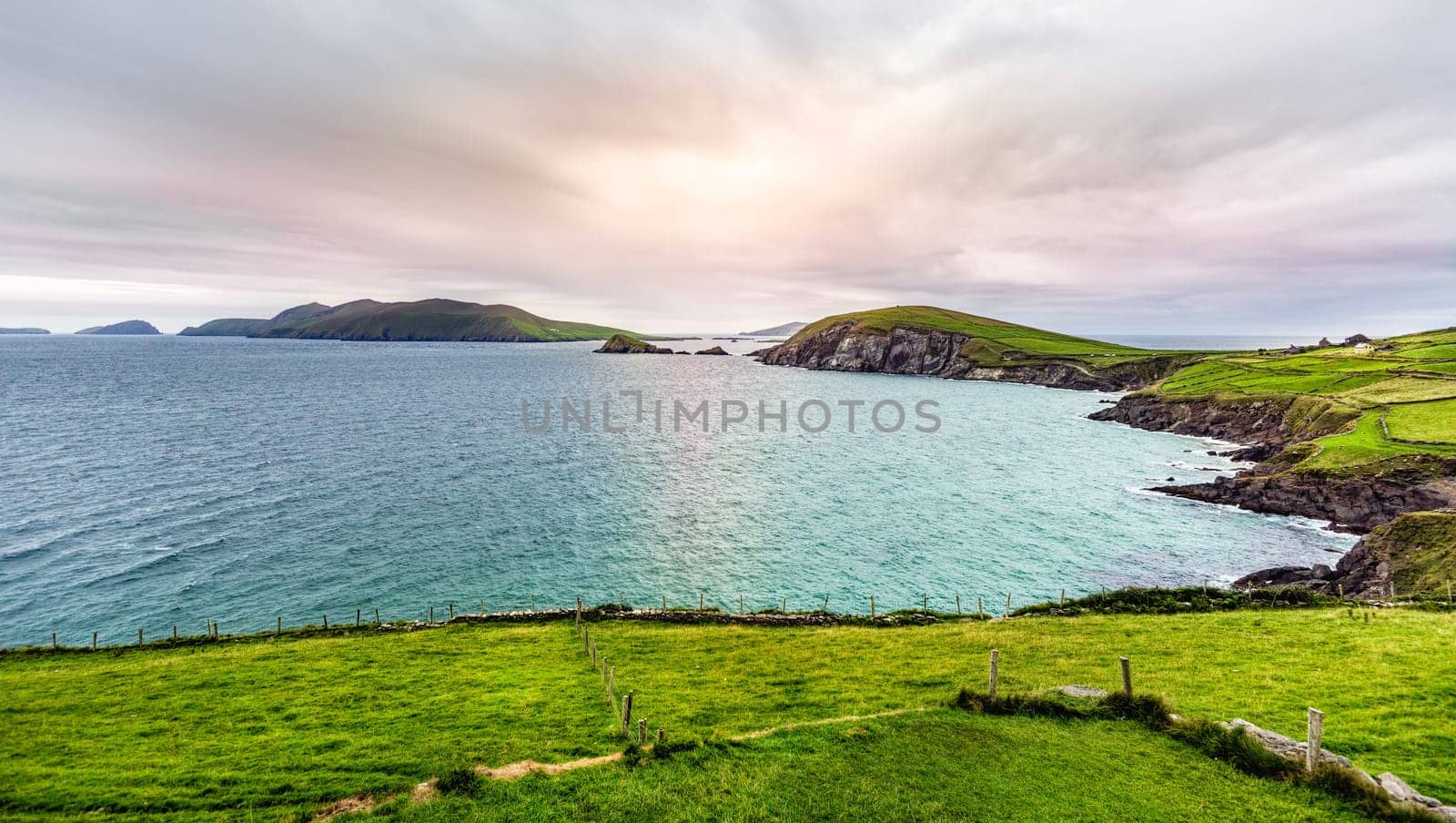 Beautiful panorama from Slea Head Viewing Point on Blasket Islands and Dingle Peninsula with dramatic sky, County Kerry, Ireland