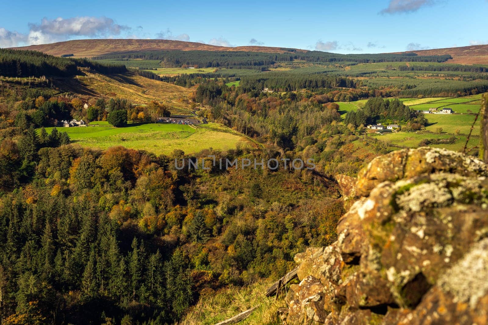 Autumn coloured trees in the valley of Glenariff Forest Park. View from the top of the surrounding cliffs, Count Antrim, Northern Ireland